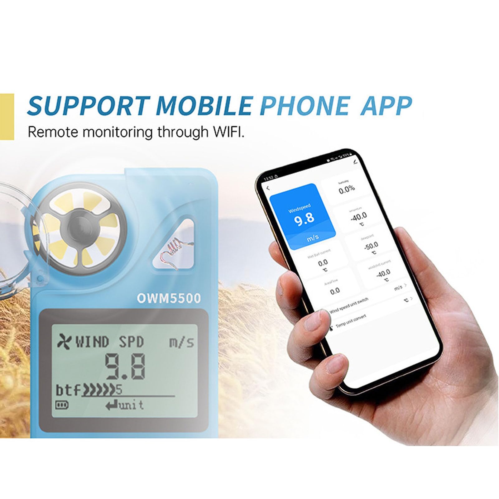 Fafeicy Medidor de Flujo de Aire, Anemómetro Digital con Temperatura, Humedad, Sensación Térmica (OWM5500)