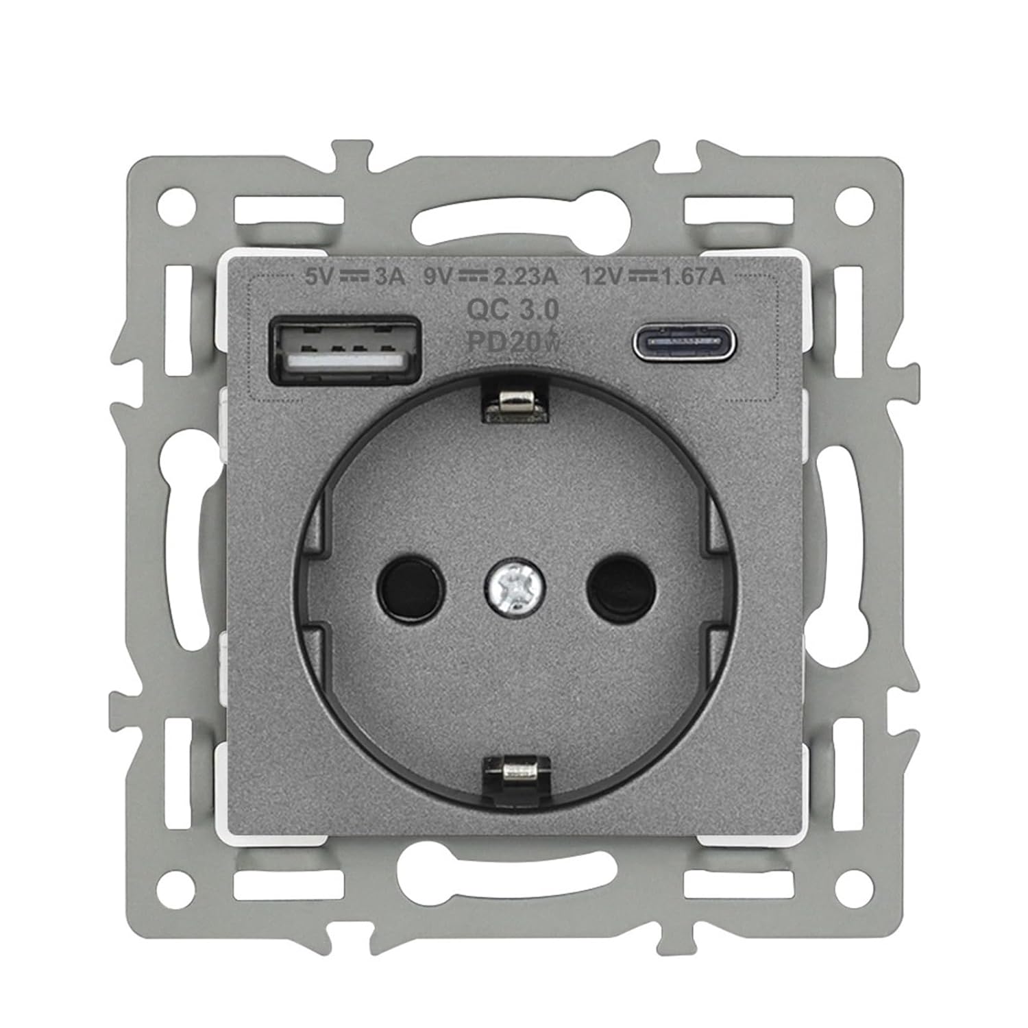 Electrical Socket with USB C 20W Fast Charging, EU Standard USB Wall Outlet with Iron Plate for F Series DIY(20W EU Grey)