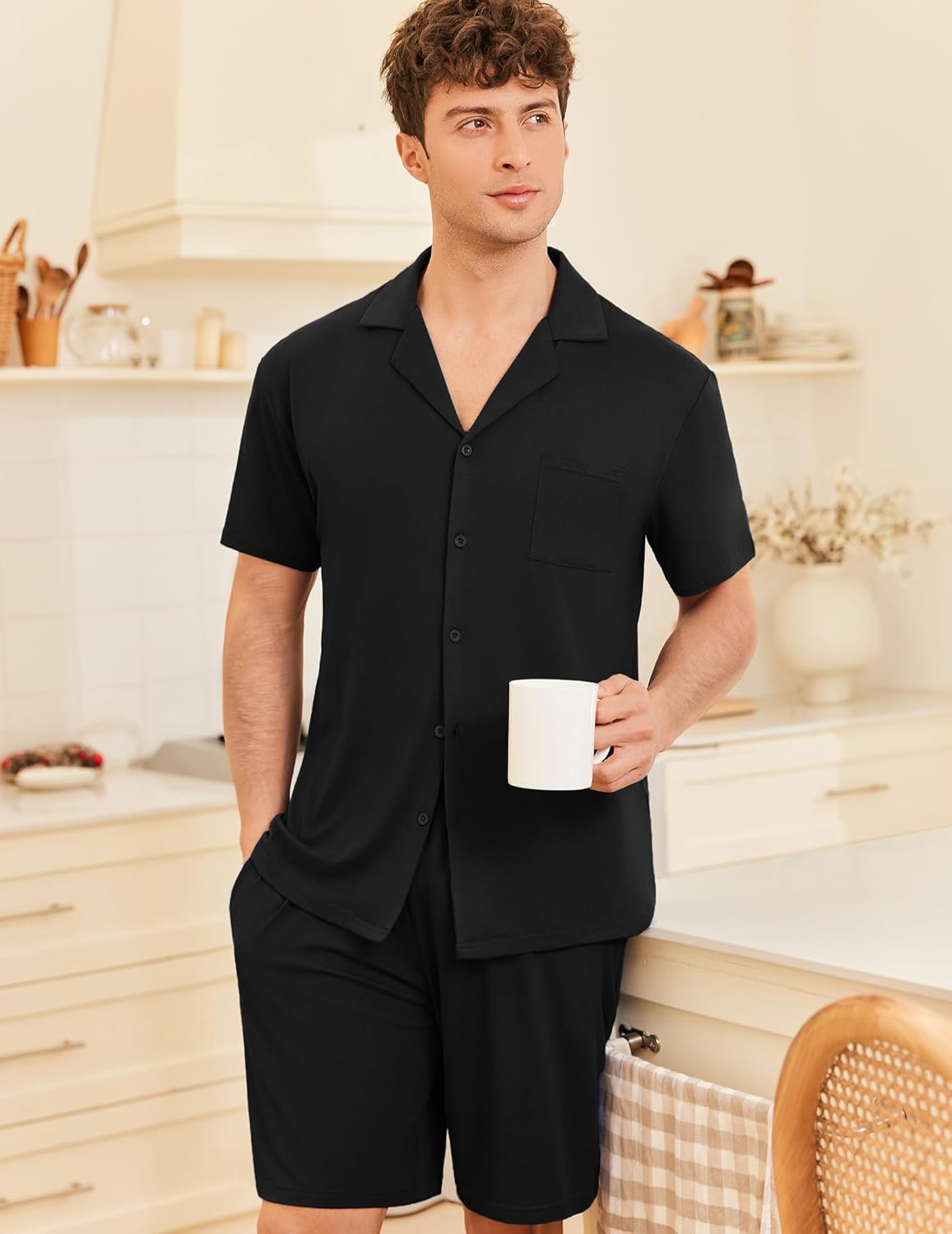 Ekouaer Mens Pajamas Set Short Sleeve Sleepwear Button Down Soft Loungewear 2 Piece Pj Shorts Sets with Pockets - Image 5