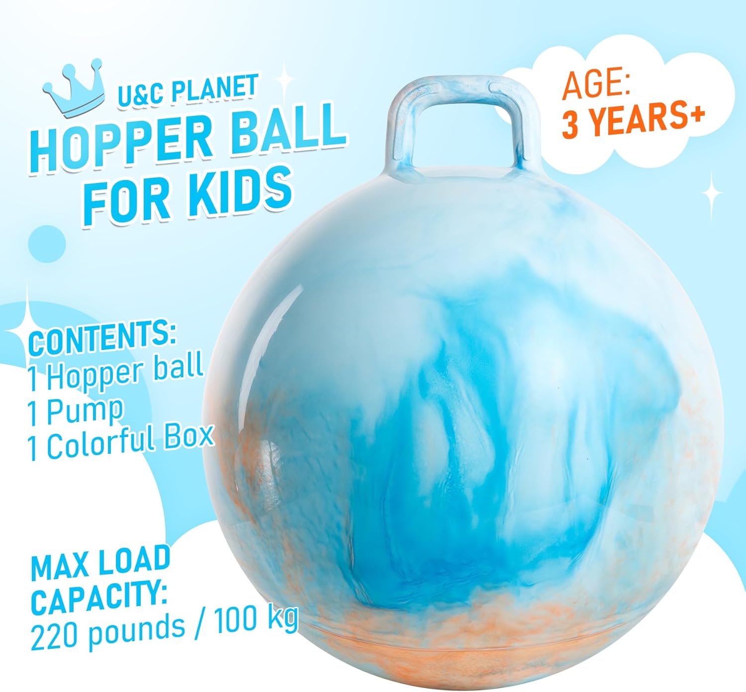 U&C Planet Hopper Ball,18 Inche Bouncy Ball with Handle for Kids Age 3-6, Clouds Hoppity Hop Sit and Bounce Jumping Ball with Pump & Gift Box, Great Birthday Gifts for Boys Girls