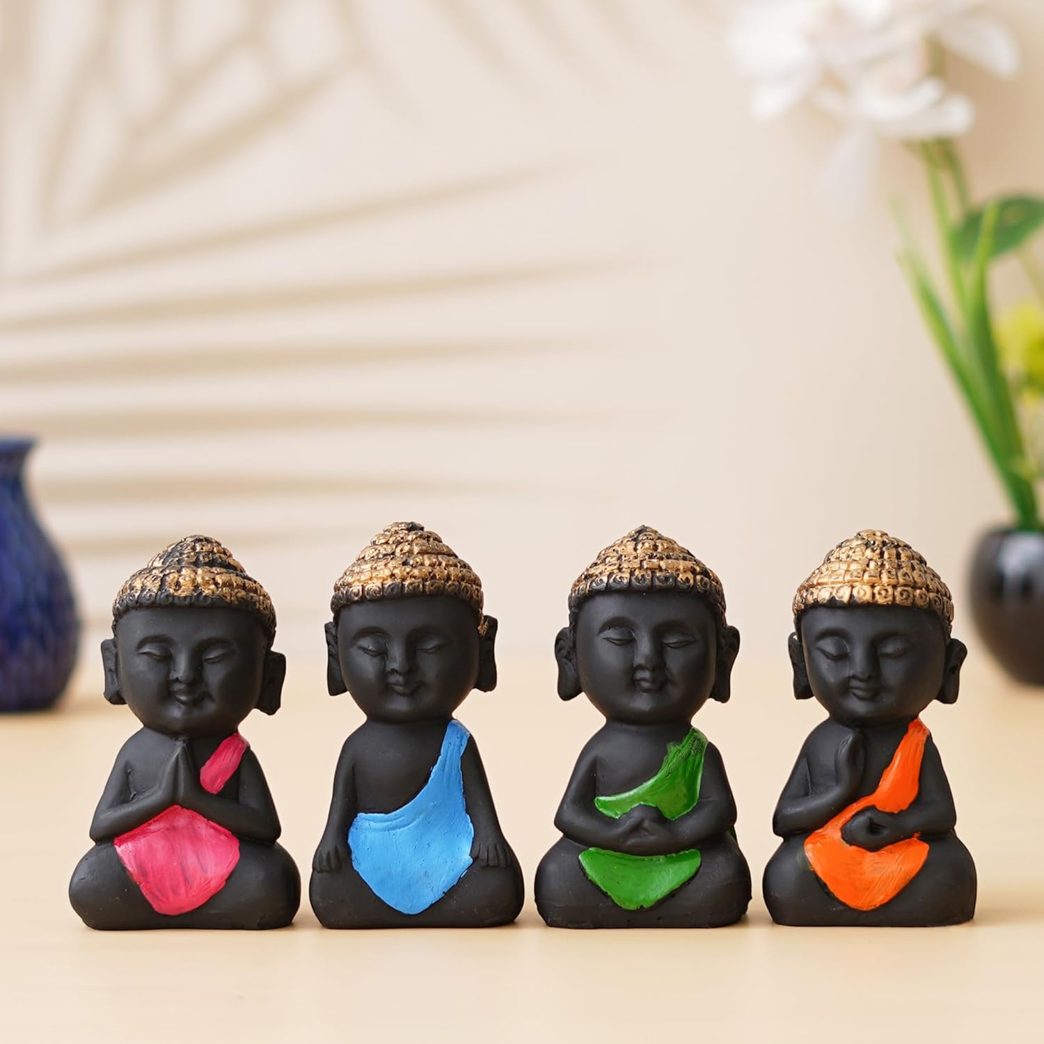 eCraftIndia Resin Little Monk Buddha Statues Set of 4 | Buddha Showpiece for Home Decor Living Room Car Dashboard Office | Lord Buddha Idol Gift for Diwali Buddha Purnima Housewarming Birthday