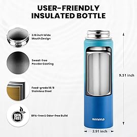 RAYMYLO Insulated Water Bottle 20 oz, Triple Wall Vacuum Stainless Steel (Cold for 48 Hrs), Leak Proof & Non-BPA, Kids Water Bottle Jug for School with Straw Spout Lids, Cyan Blue