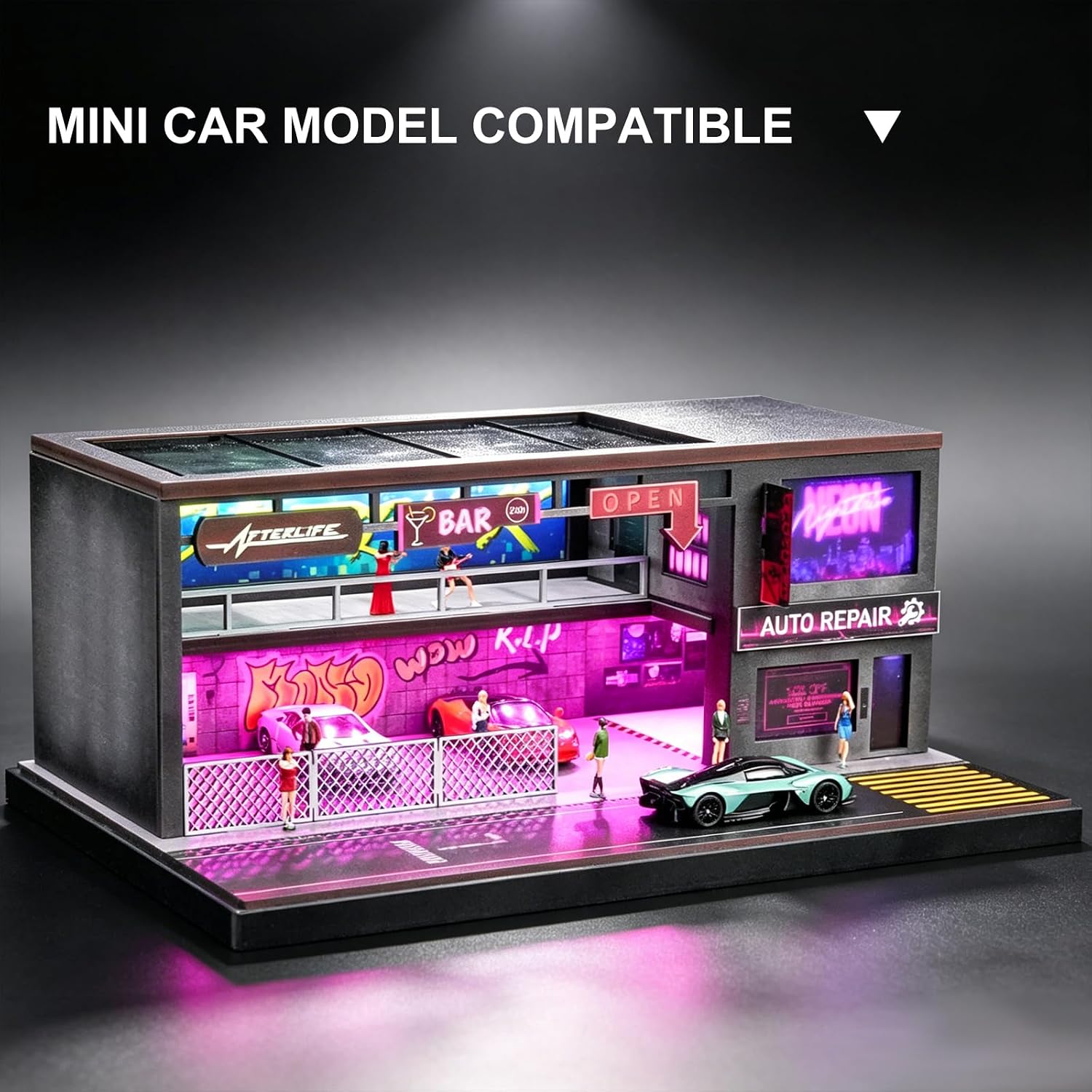 1/64 Scale Cyberpunk Neon Garage Diorama, LED Lighted Miniature Street Auto Repair Bar Scene Model, Diecast Toy Car Parking Display Building