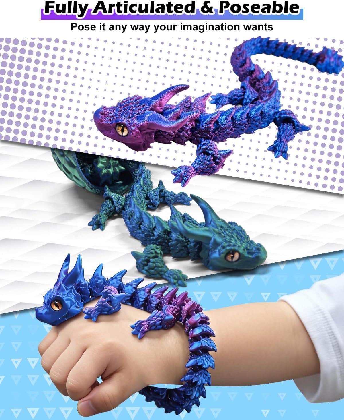 CloudValley 12'' 3D Printed Dragon Fidget Toy, 2 Pack Large Articulated Dragon Figurine, Flexible Stress Relief Toy for Kids Adults, Desk Office Decor Sensory Toy, Purple & Green(Includes Dragon Eggs)