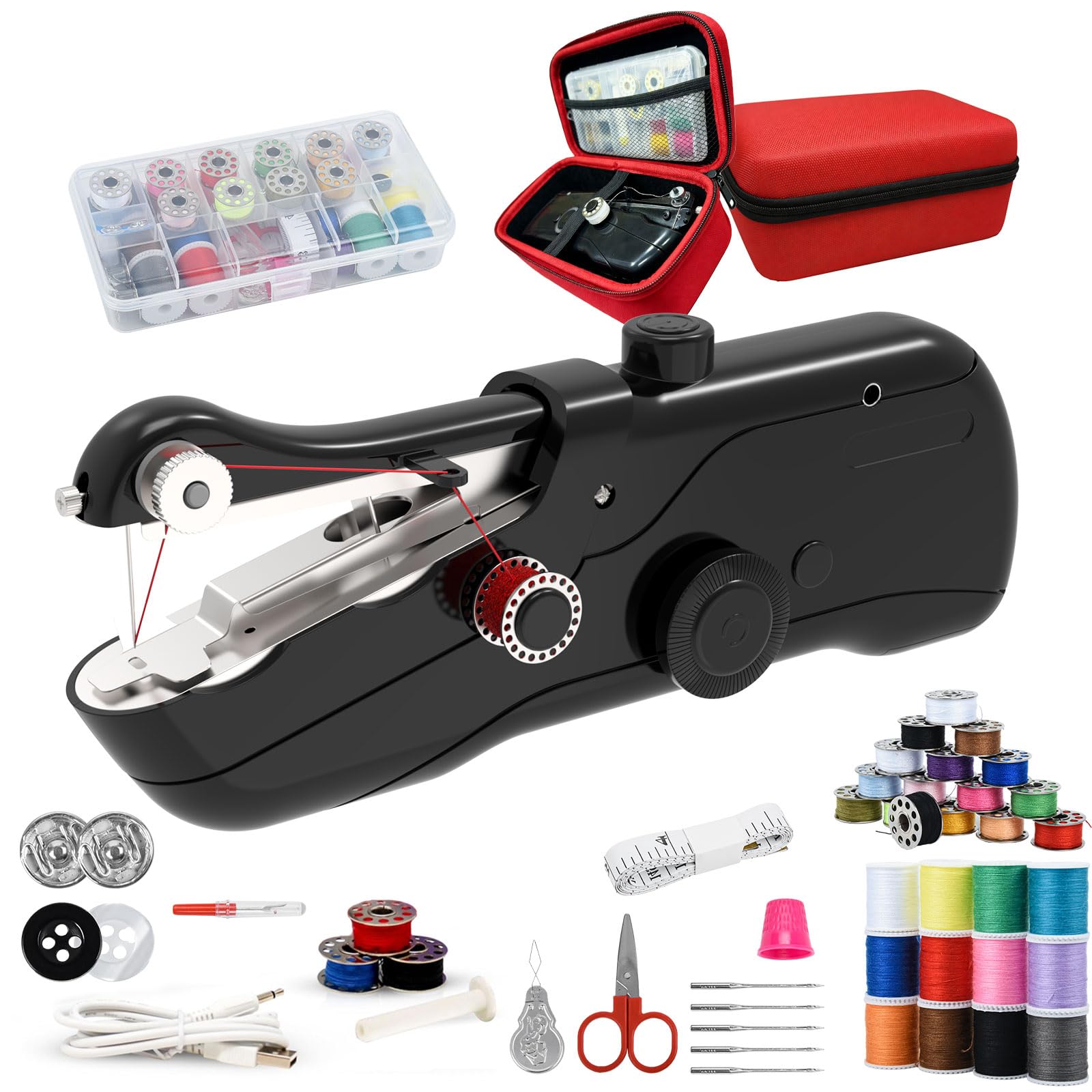 Portable Handheld Sewing Machine, Electric Mini Stitching Tool for Quick Fabric Repair, Household Mending Device with Thread Cutter &amp; Needles, Lightweight Travel Accessory Kit.