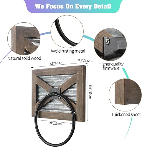 Miniatura 2 de Toallero rústico para baño de granja con metal galvanizado y metal negro, soporte rústico de madera marrón cálida para colgar en la pared, para