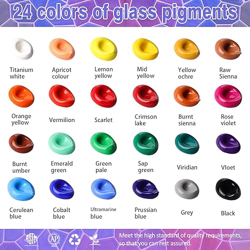 Miniatura 2 de Colorful Juego de pintura de vidrio con 6 pinceles, 1 paleta, kit de pintura de esmalte acrílico impermeable de 24 colores para niños a artes en