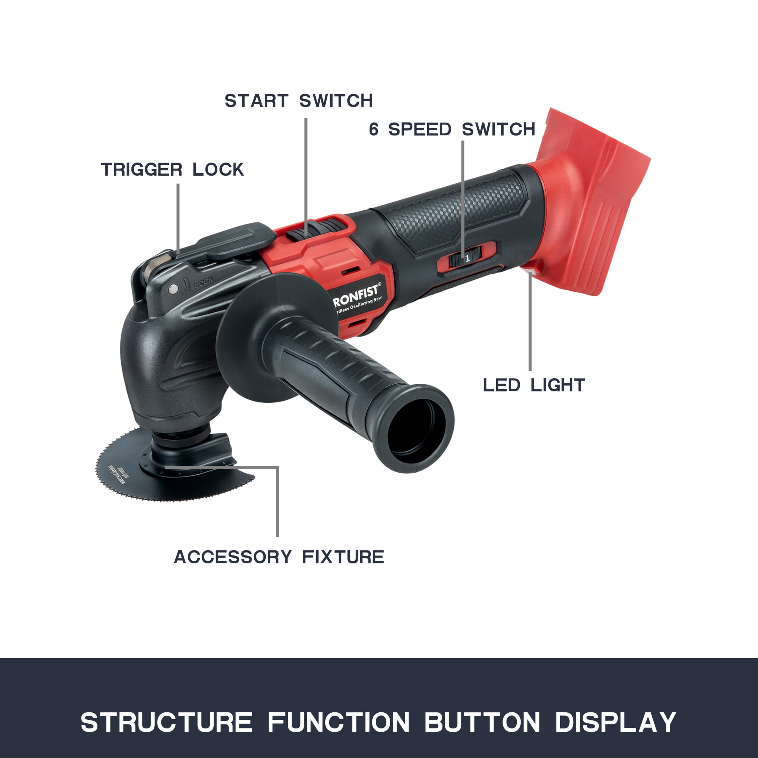 IRONFIST Herramientas oscilantes inalámbricas compatibles con MILWAUKEE M18, 6 velocidades 8000-20500 RPM, motor sin escobillas, multiherramienta inalámbrica para raspar, lijar, cortar madera (batería