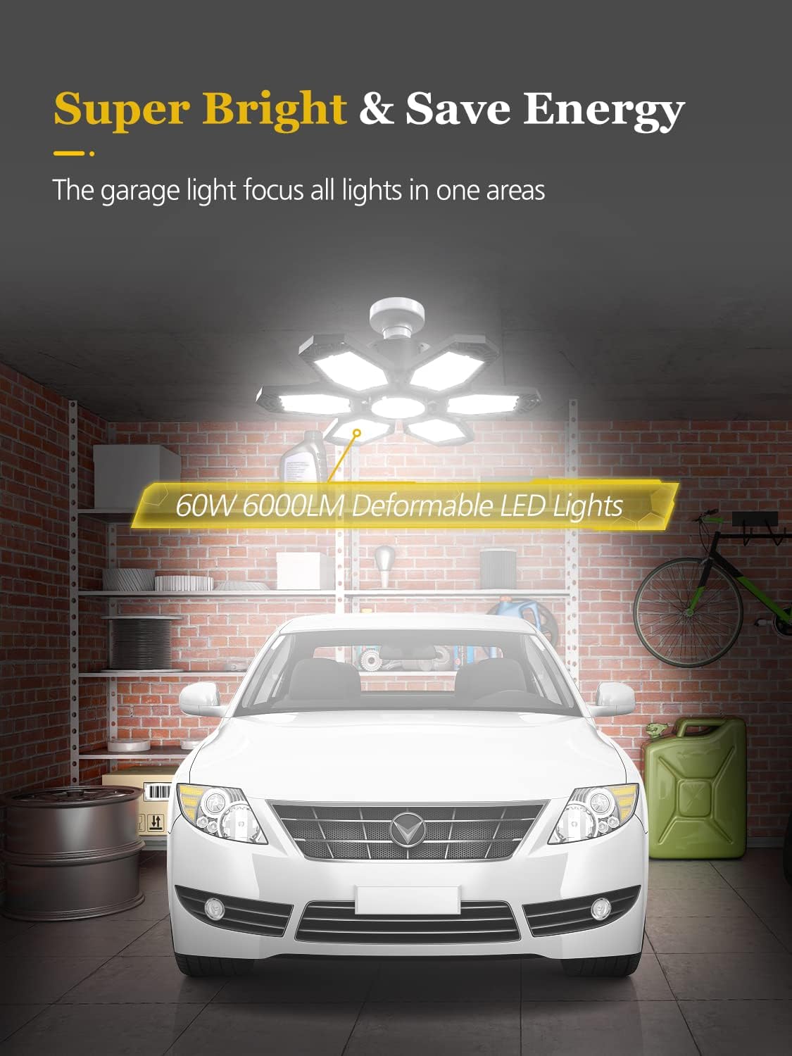 ARSALI 4 Pack LED Garage Light, 240W 6+1 Panels Deformable 6500K LED Garage Ceiling Light Multi-Position Adjustable E26 Shop Lights for Garage, Basement, Barn, Workshop, High Bay Light
