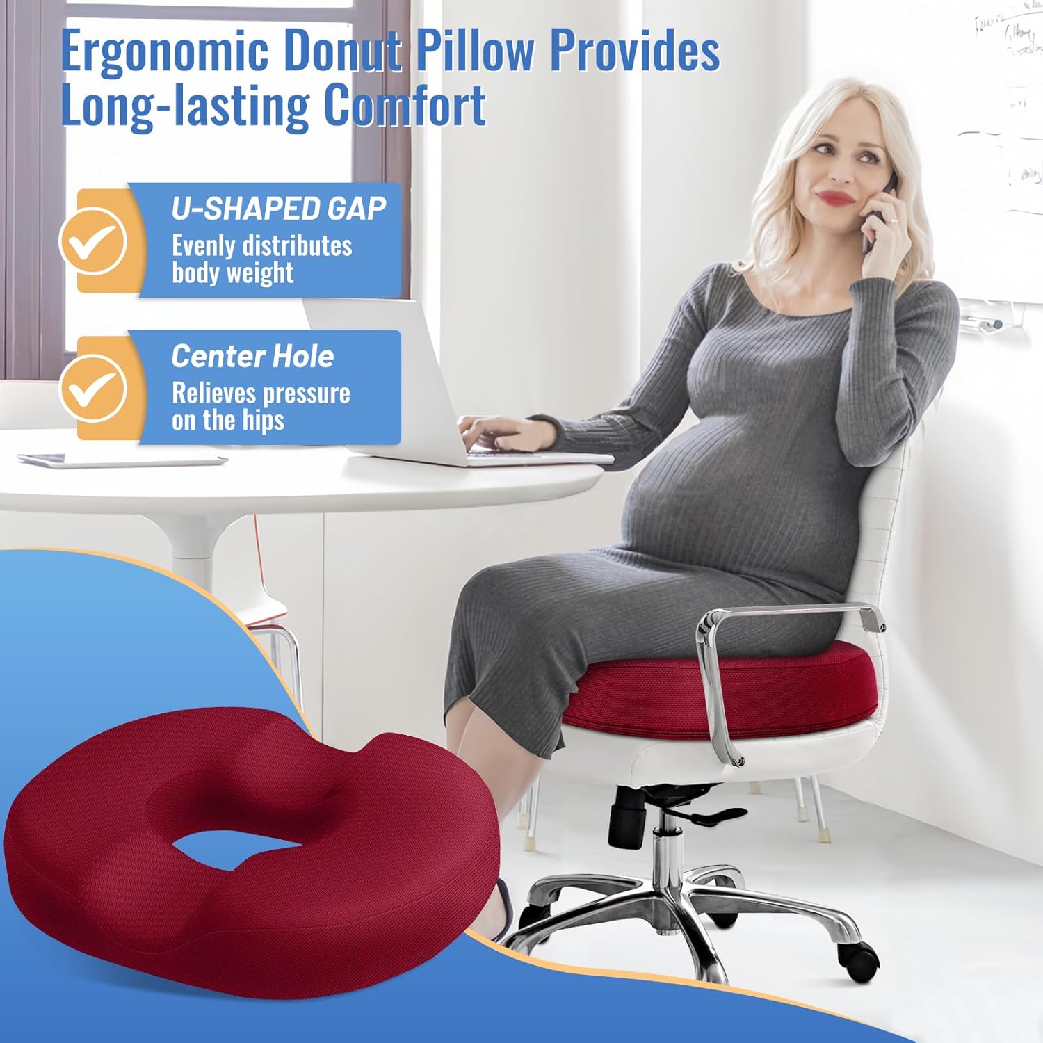 CloudBliss Donut Pillow Seat Cushion Chair Pad for Tailbone Pain Relief and Hemorrhoids, Memory Foam Seat Chair Cushion for Men and Women for Home & Office, (Red-2XL)
