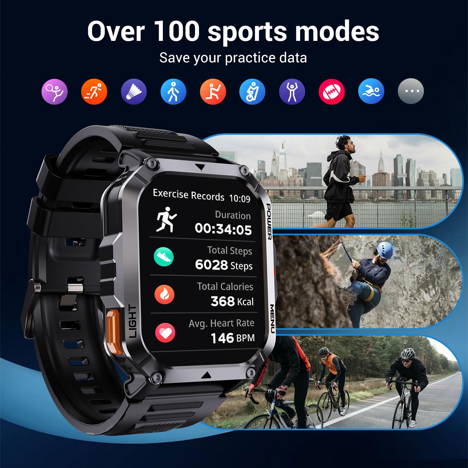 Smartwatch da uomo con torcia LED, touchscreen da 2,01 pollici, cassa in acciaio inossidabile, cinturino in gomma, funzione vocale Bluetooth 5.3, contapassi, contacalorie, cronometro,A