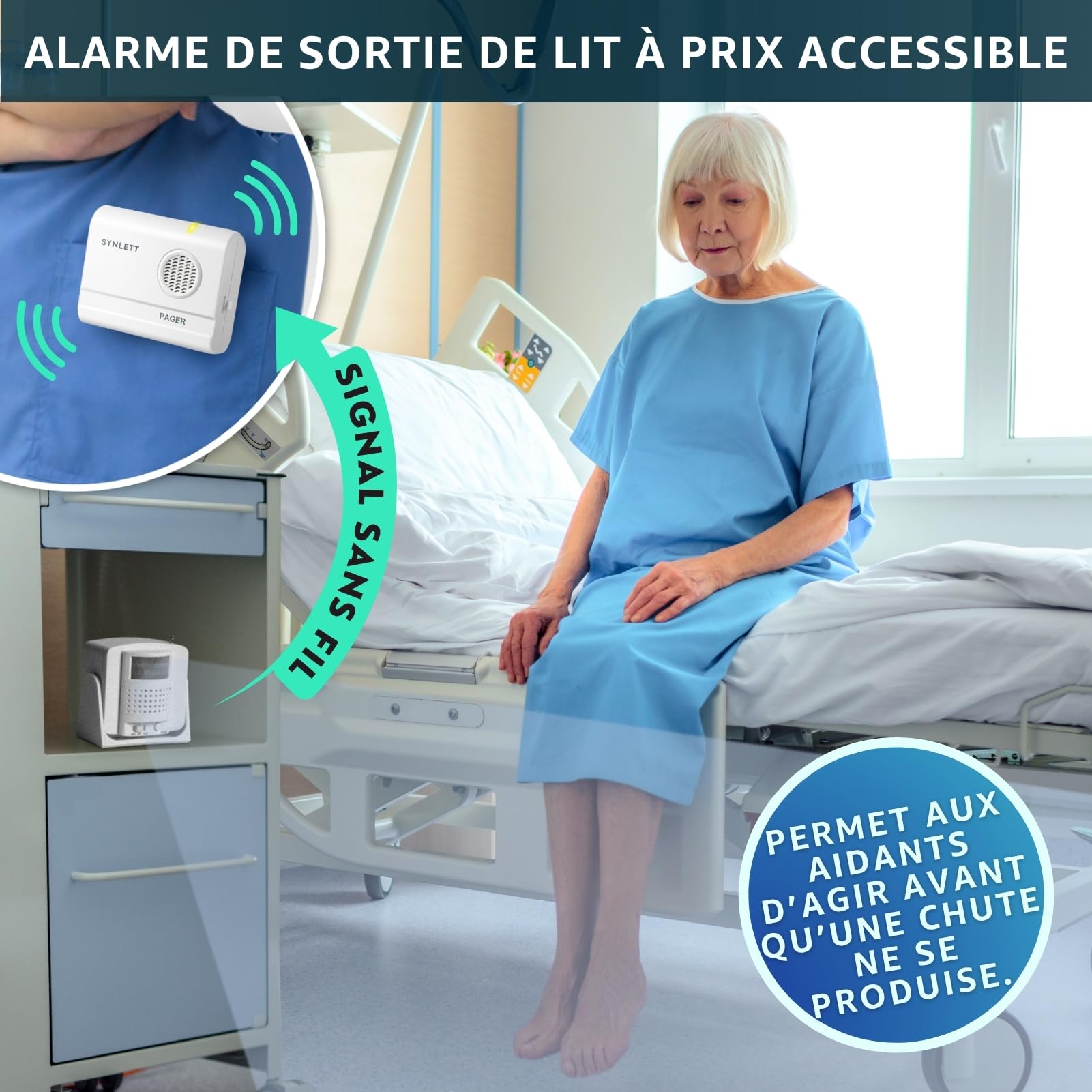Alarme de lit avec Bip aidant et 2 détecteurs sans Fil