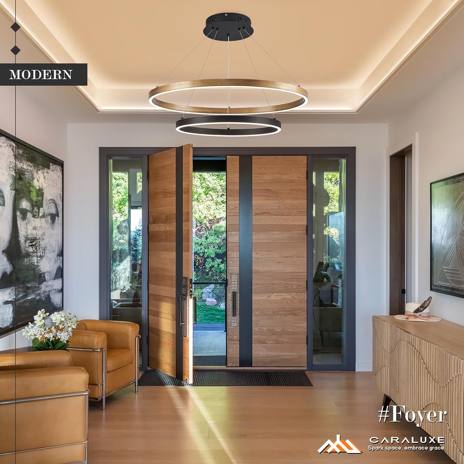 2 Ring LED Chandelier Black Gold Chandelier for Dining Room 24in Dimmable Circular Chandeliers Light Round Chandeliers for Bedroom Kitchen Entryway Living Room