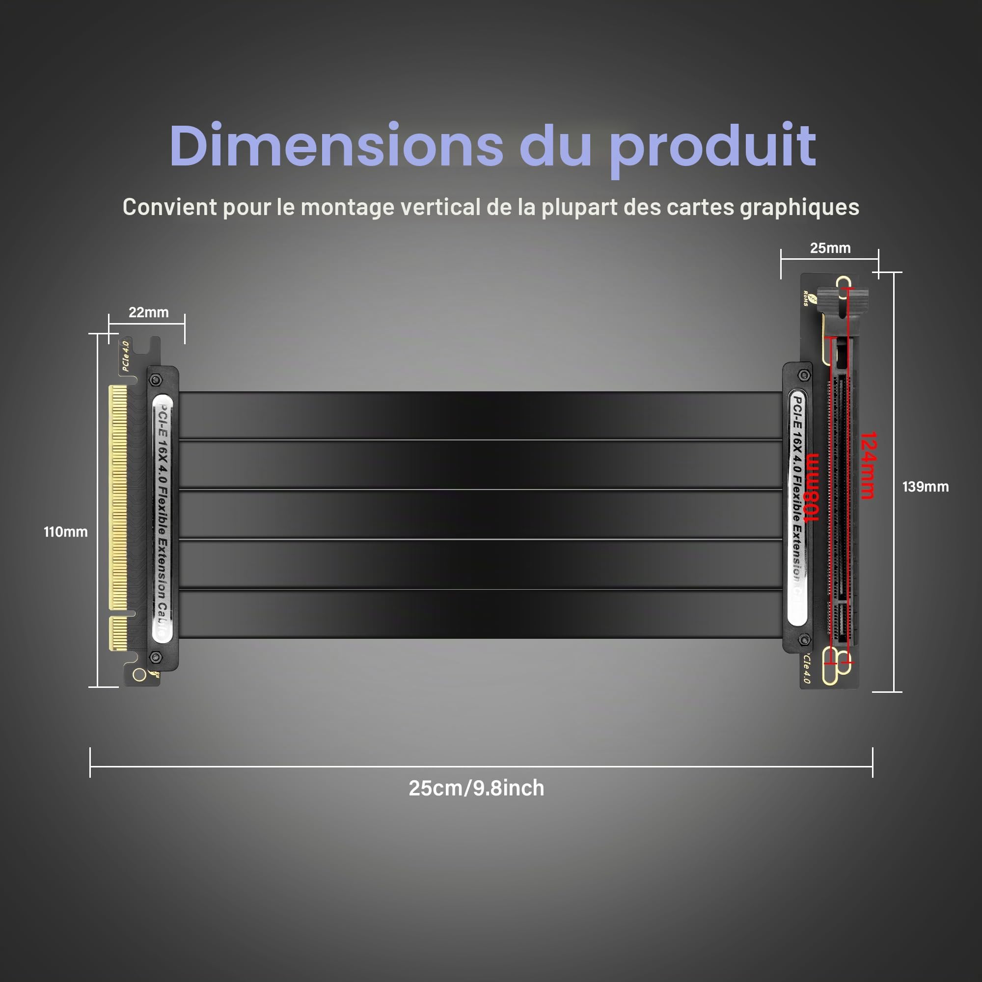 GINTOOYUN Câble d'extension pour Carte Graphique PCIE 4.0 X16 Noir PCIE 4.0 X16 mâle vers Femelle à 90 degrés Câble d'extension GPU pour châssis de Carte Graphique,etc(9.8Inch) (90 degrés)