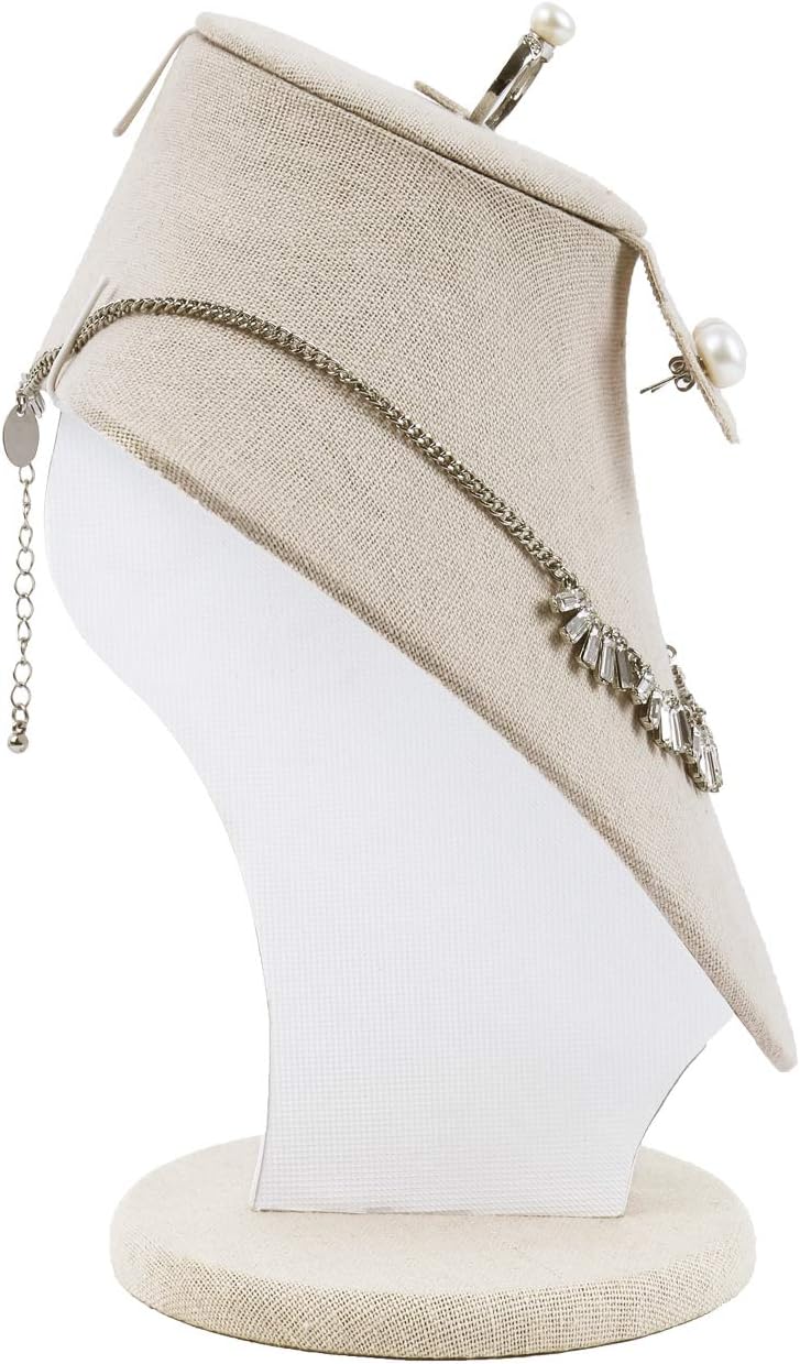 MOOCA 3 Pcs Set Tan Linen Combination Display Jewelry Stand Bust for Necklaces, Earrings, Rings, Jewelry Display For Vendors