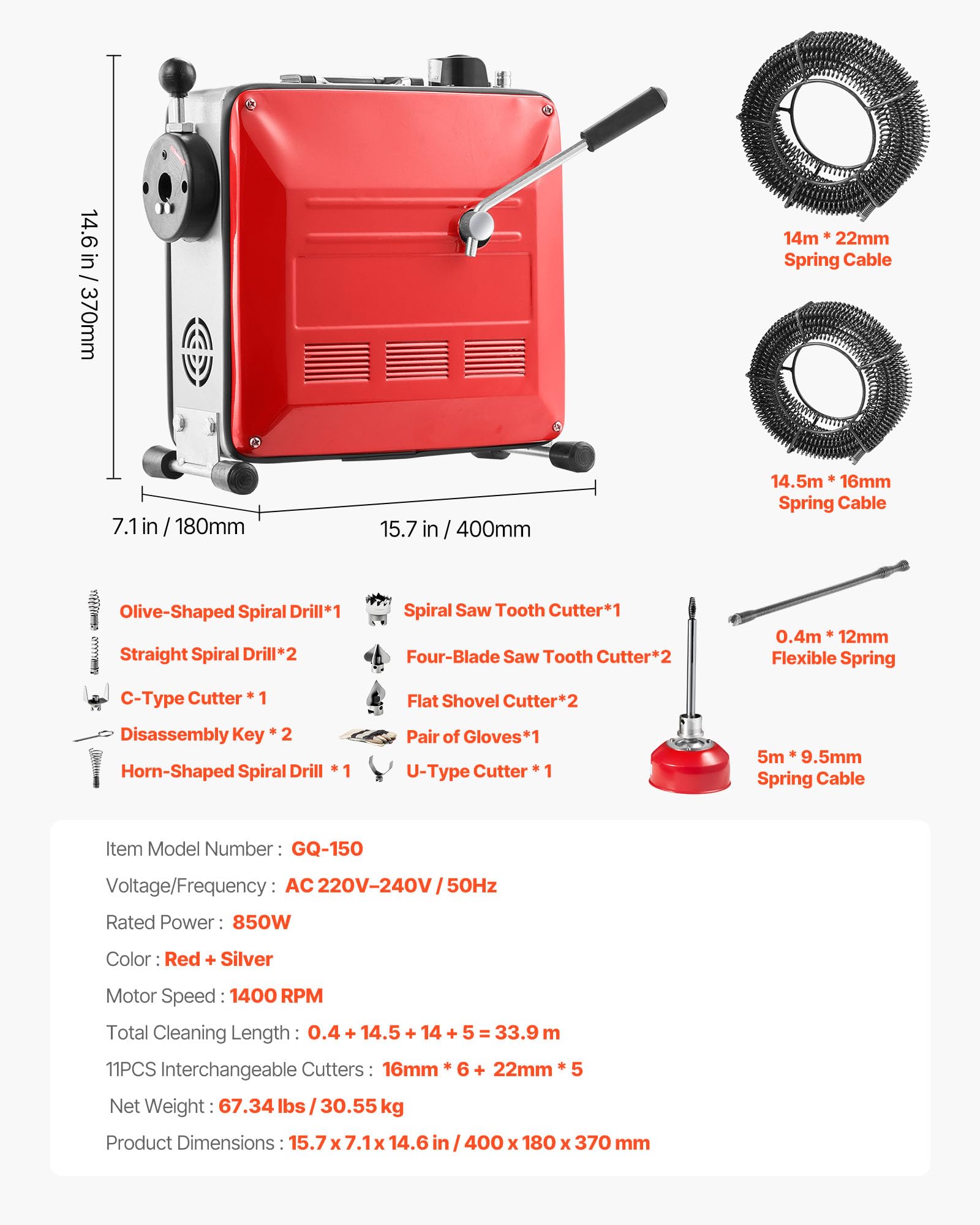 VEVOR Desatascador de Tuberías Eléctrico 850 W 1400 RPM con Cable de Resorte de 14,5 m x 16 mm, 14 m x 22 mm, 5 m x 9,5 mm, 0,4 m x 12 mm y 11 Cabezales de Limpieza, Apto para Tuberías de 50 a 220 mm