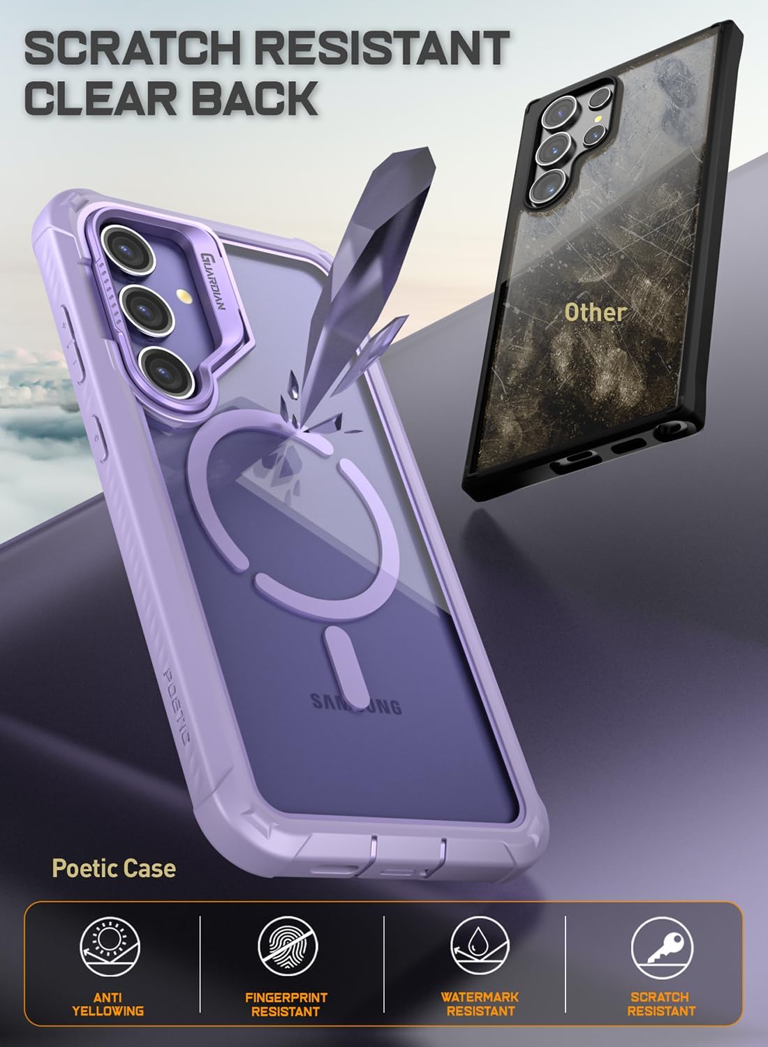 Poetic Guardian Case for Samsung Galaxy S24 6.2", [Built-in Camera Stand] [Screen Protector Work with Fingerprint ID] Full Body Shockproof Protective Rugged Clear Cover, Purple/Clear