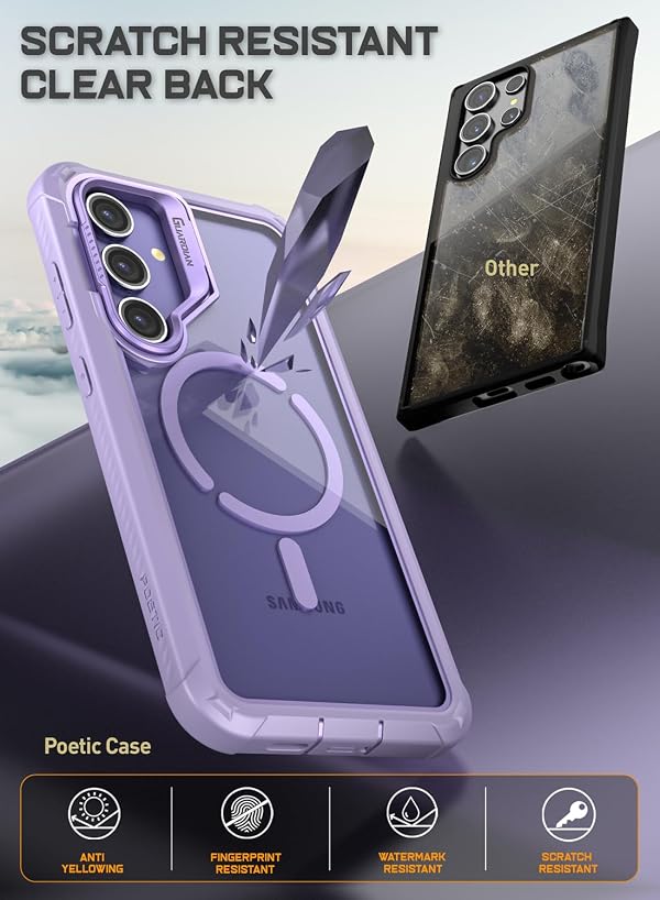 Poetic Guardian Case for Samsung Galaxy S24 6.2", [Built-in Camera Stand] [Screen Protector Work with Fingerprint ID] Full Body Shockproof Protective Rugged Clear Cover, Purple/Clear by Poetic - Used condition - Image 3