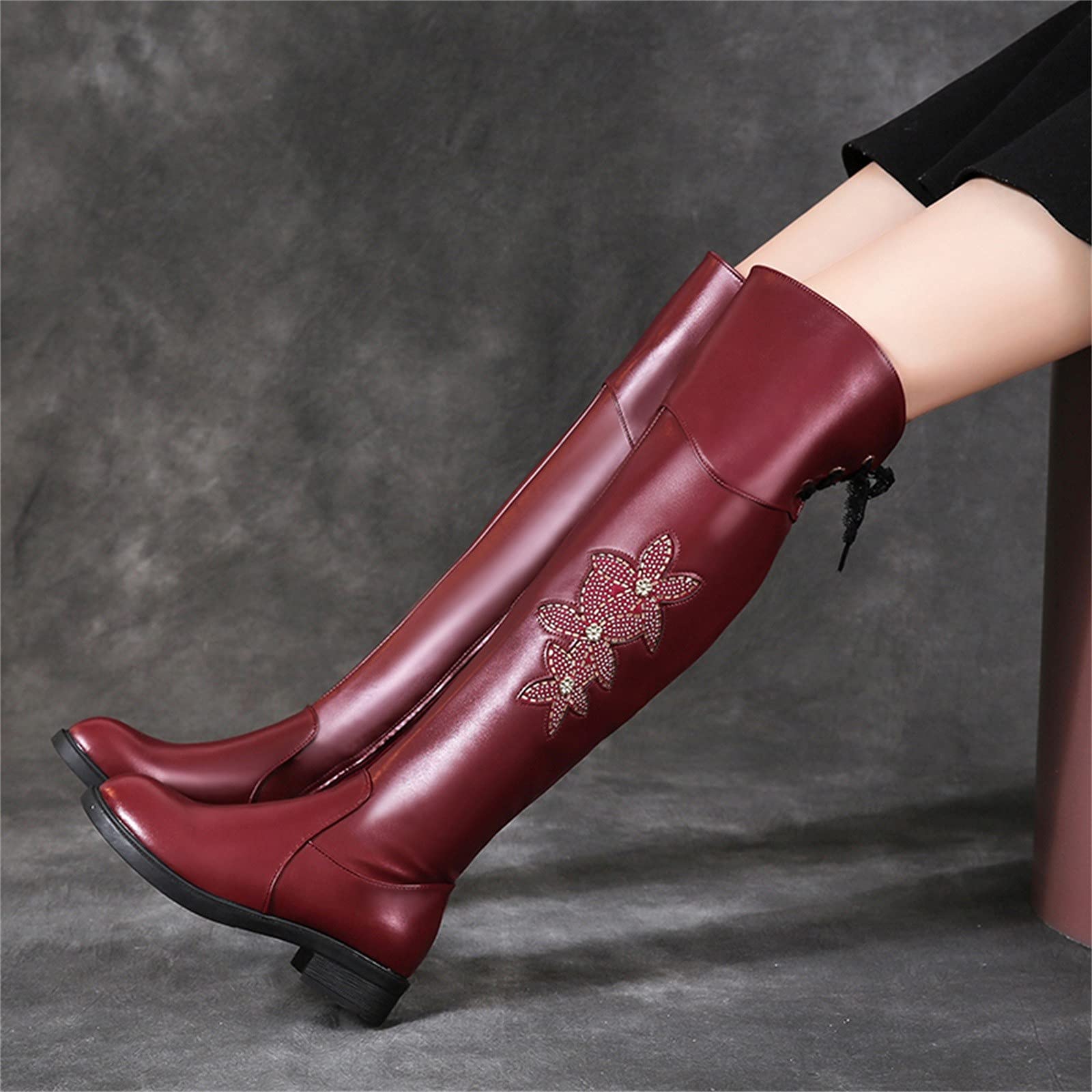 Zapatos de Mujer Zapatos Largos para Mujer Botas de Flores Botas de Montar a la Moda para niñas con Pedrería y Flores Cremallera Lateral