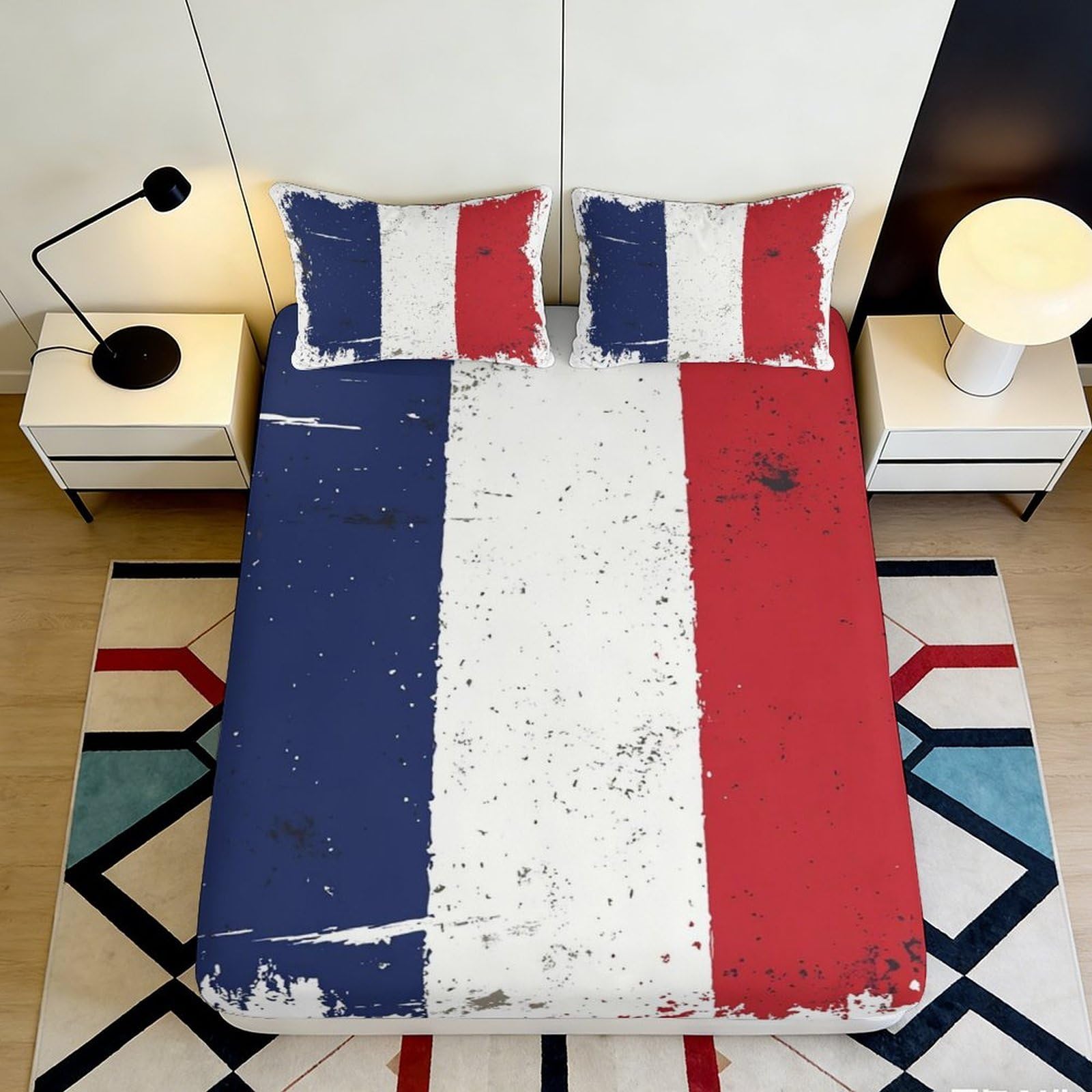 3D Printed French Flag Fitted Sheet Microfiber Soft Durable Tricolor Mattress Cover for Bedroom Dorm Easy Care 180x200x25cm