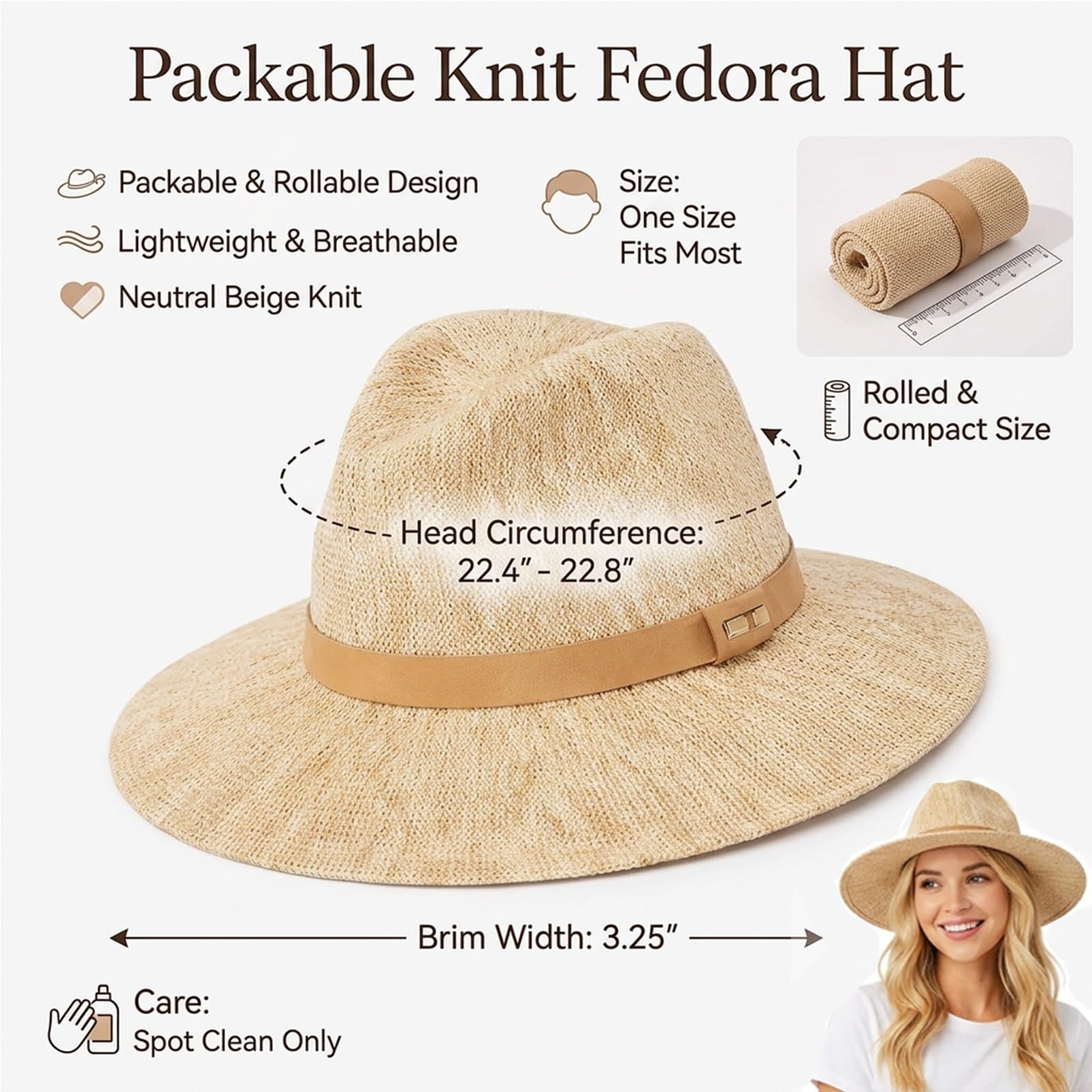 Cappello Fedora in Maglia per Donna, Cappello da Sole Pieghevole e Morbido, Leggero e Traspirante per Spiaggia, Vacanze, Viaggi, Escursionismo