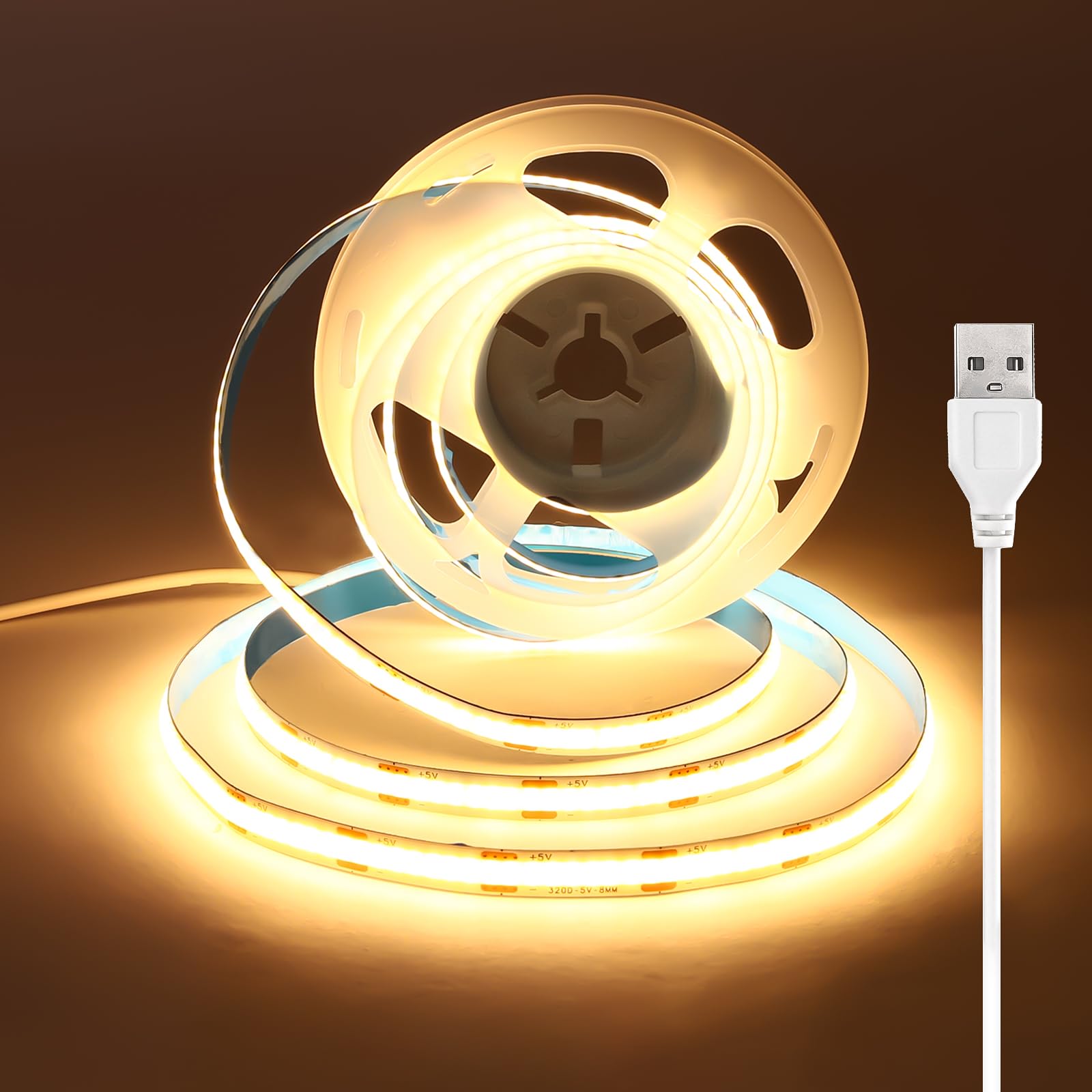 luktix 3.5m COB USB LED Streifen, 5V LED Band Warmweiss mit Selbstklebender, 8 mm Breit, CRI 92+, Flexibel LED Strip für Hintergrund, Umgebungs für Fernseher, Spiegel, Unterschrank, Regal, 3000K