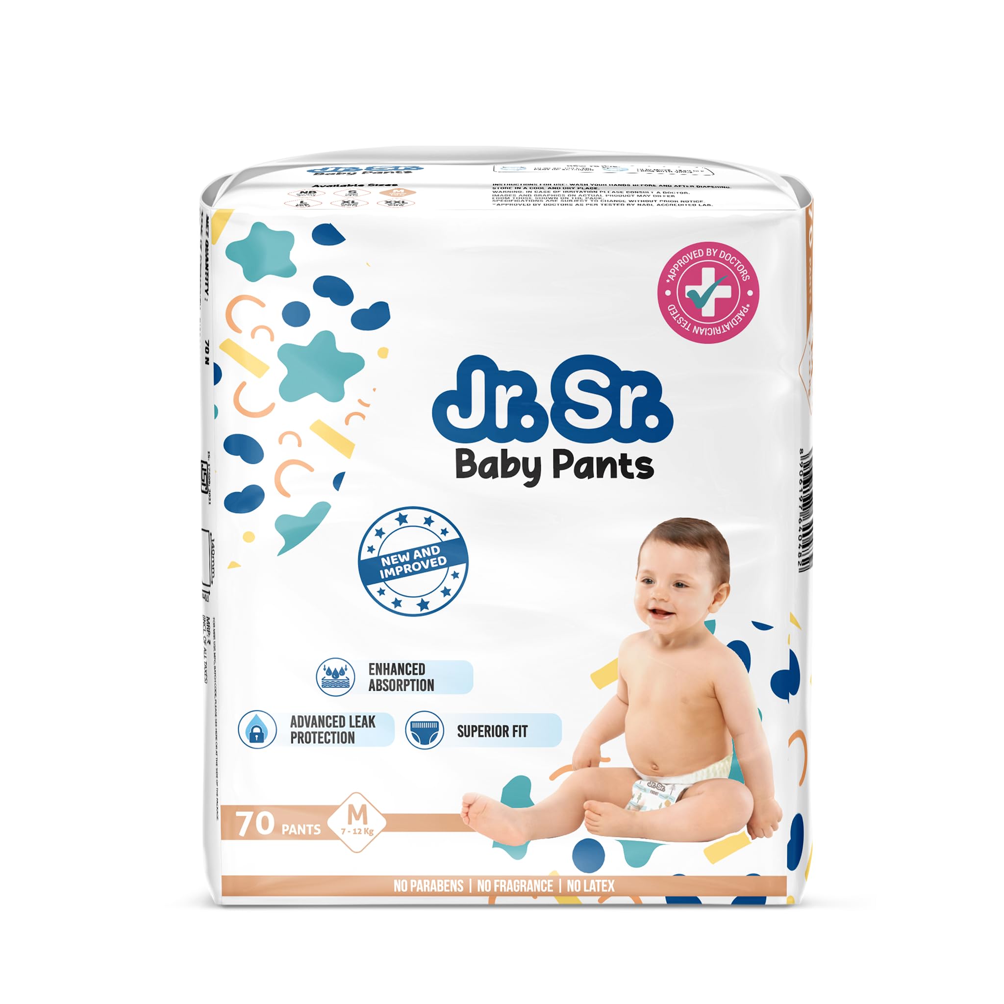 Jr. Sr. Baby Diaper Pants | Medium (M) Size (7-12 kg), 70 Count | Pack of 1 | Upto 12 hr Absorption with Advanced Leak Protection | Safe For Babies Skin | Soft, Secure & Comfy-image-21