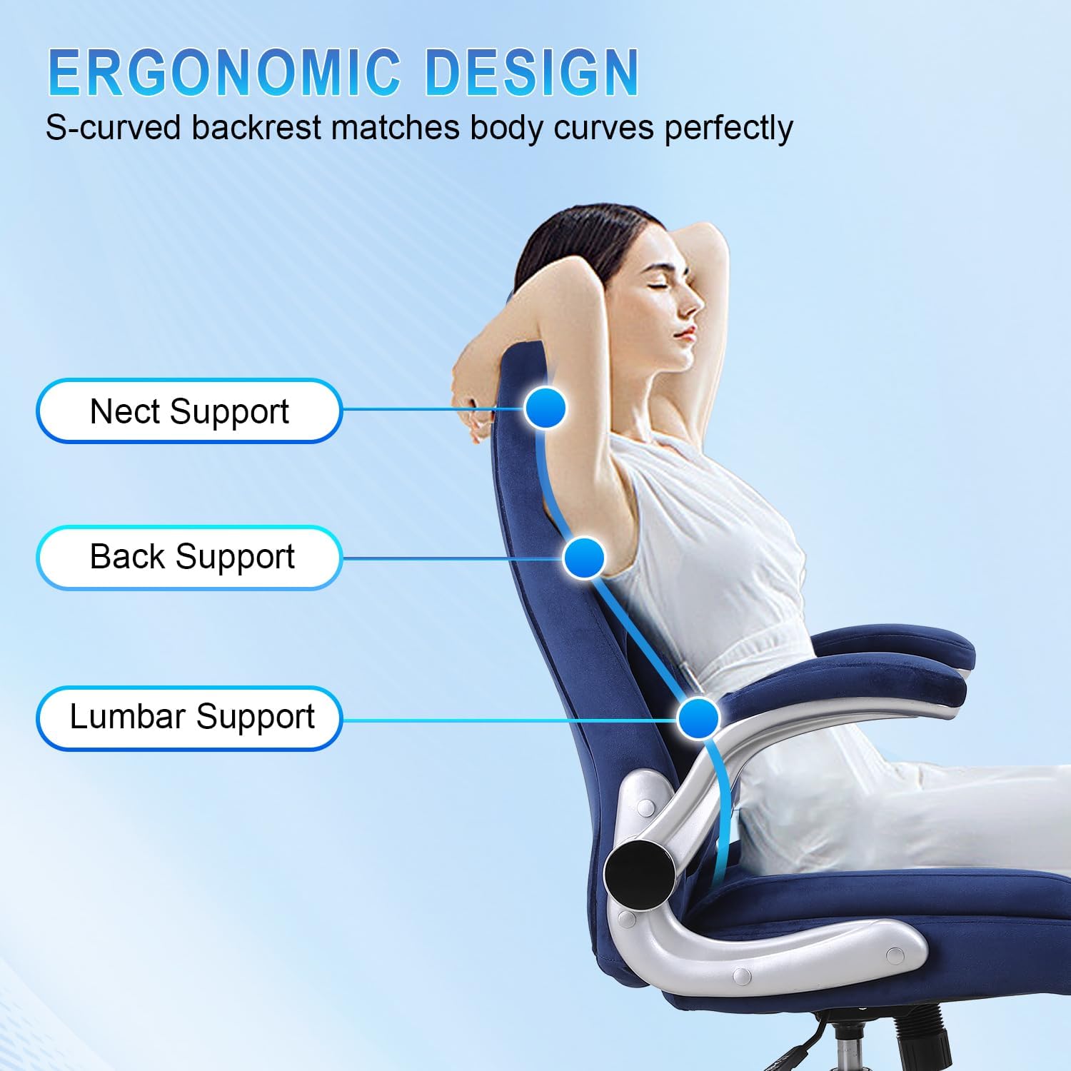 Executive Office Chair with Lumbar Support, Back Support Office Chairs with Wheels, 90-120°Rocking High Back Ergonomic Desk Chair with Flip-up Armrs, Home Computer Chair (Blue)