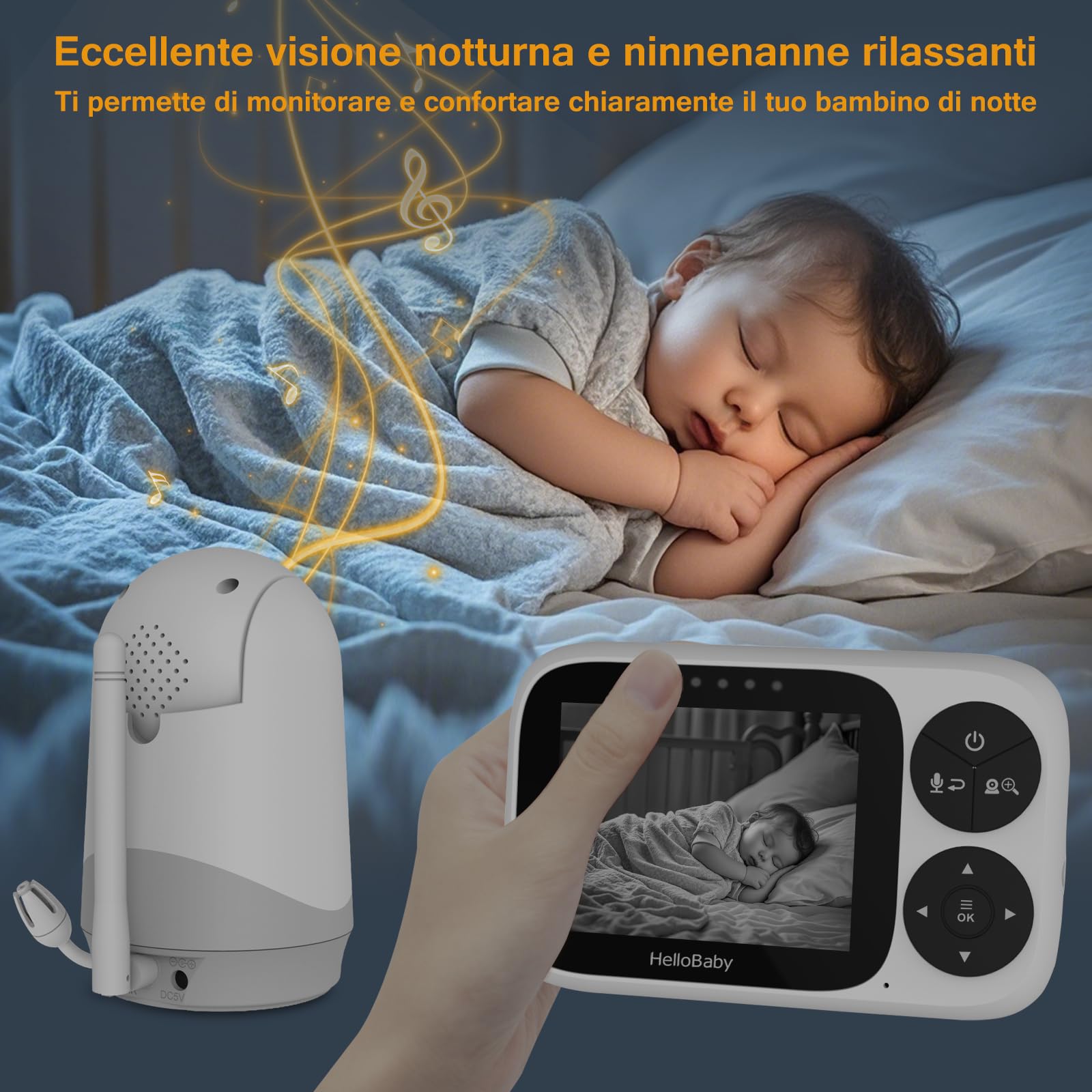 HelloBaby Baby Monitor Video e Audio telecamera bambini con monitor, Schermo IPS da 3,2", Senza WiFi, Visione Notturna, Pan-Tilt-Zoom, Allarme Ninna Nanna e Portata di 1000 Piedi, 2 Fotocamera Inclusa