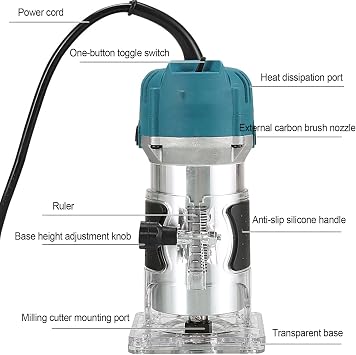 Wood Router, Multi Function Electric Router for Woodworking, Powerful Motor, Wood Carving Edge Trimming Tool with Aluminum Body, for Slotting Trimming Carving
