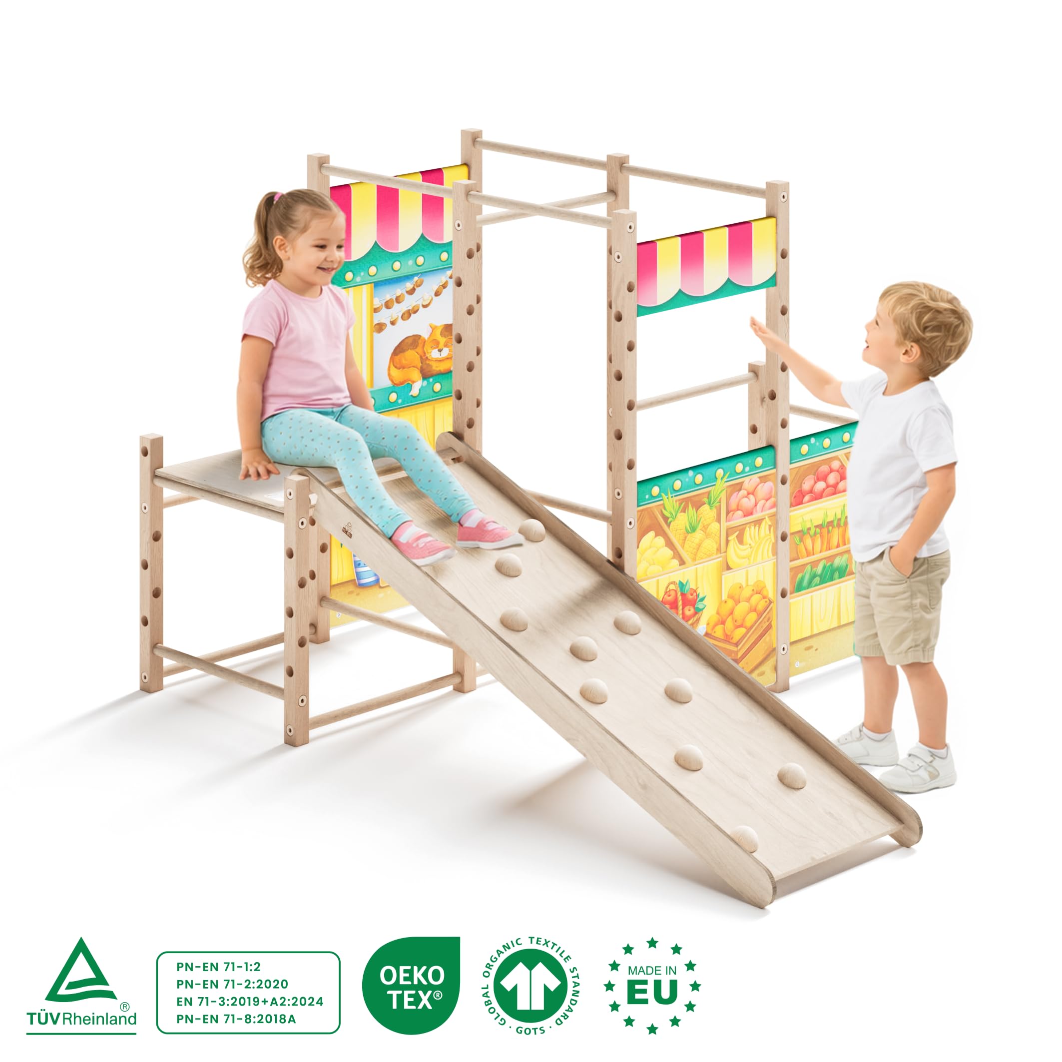 Wewnętrzny plac zabaw do wspinaczki z rampą do wspinaczki – lite drewno – do 100 kg – certyfikat DIN EN 71 – od 3 lat (rynek)
