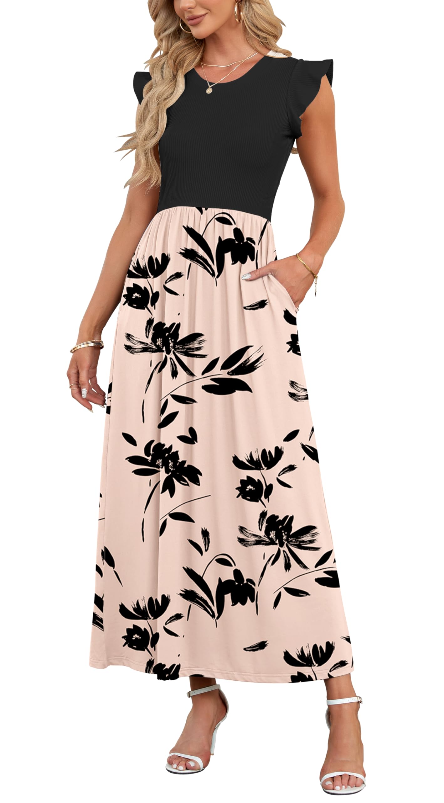 AUSELILY Damen Sommer Rundhalsausschnitt Maxi Kleid mit Taschen Kurzarm und Rüschen Lässiges Hohe Taille Langes Lockeres Bodenlanger Rock