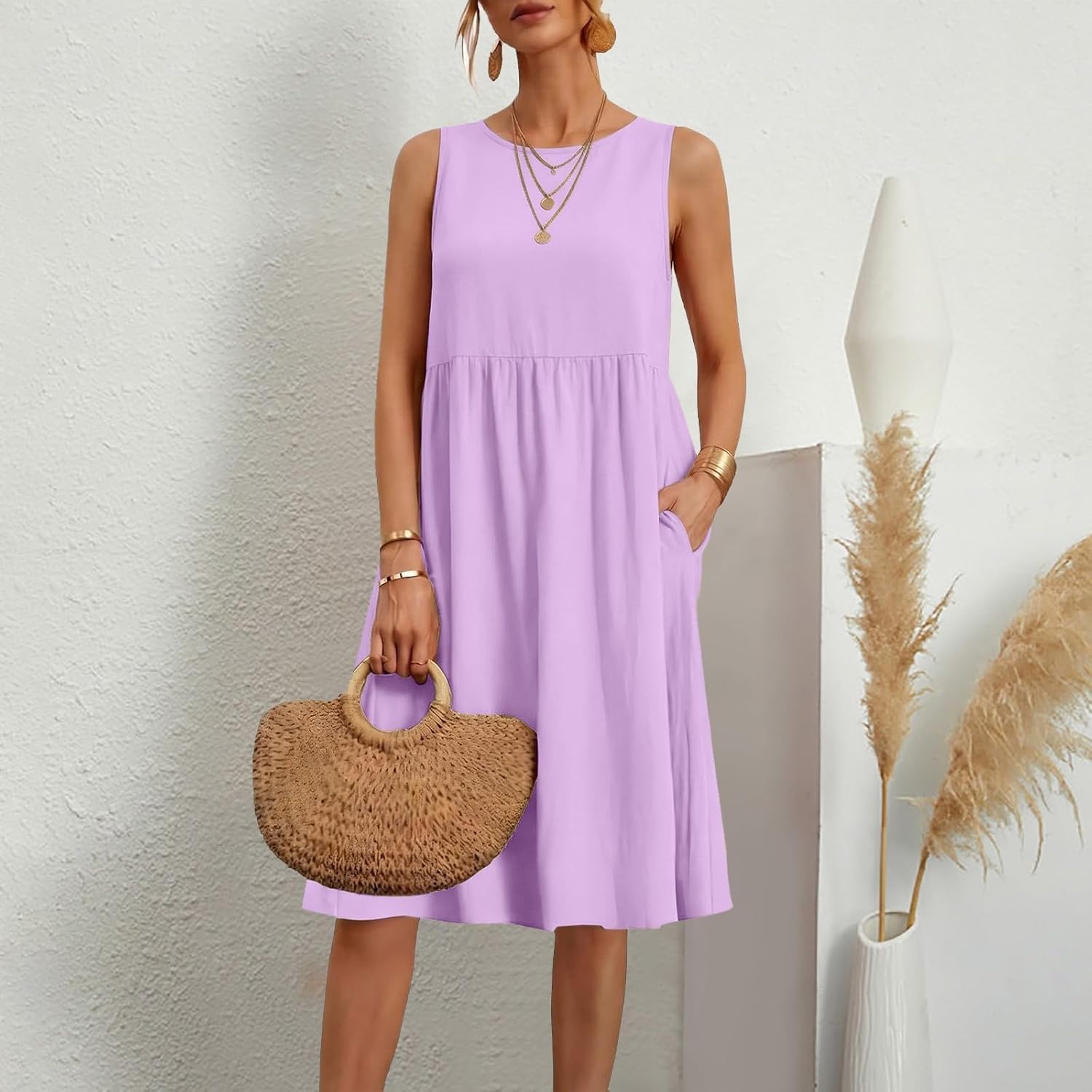 Women's Cotton Linen Sleeveless Midi Dress Round Neck Loose Fit Flowy Dresses Casual Vacation Summer Sundress 2026