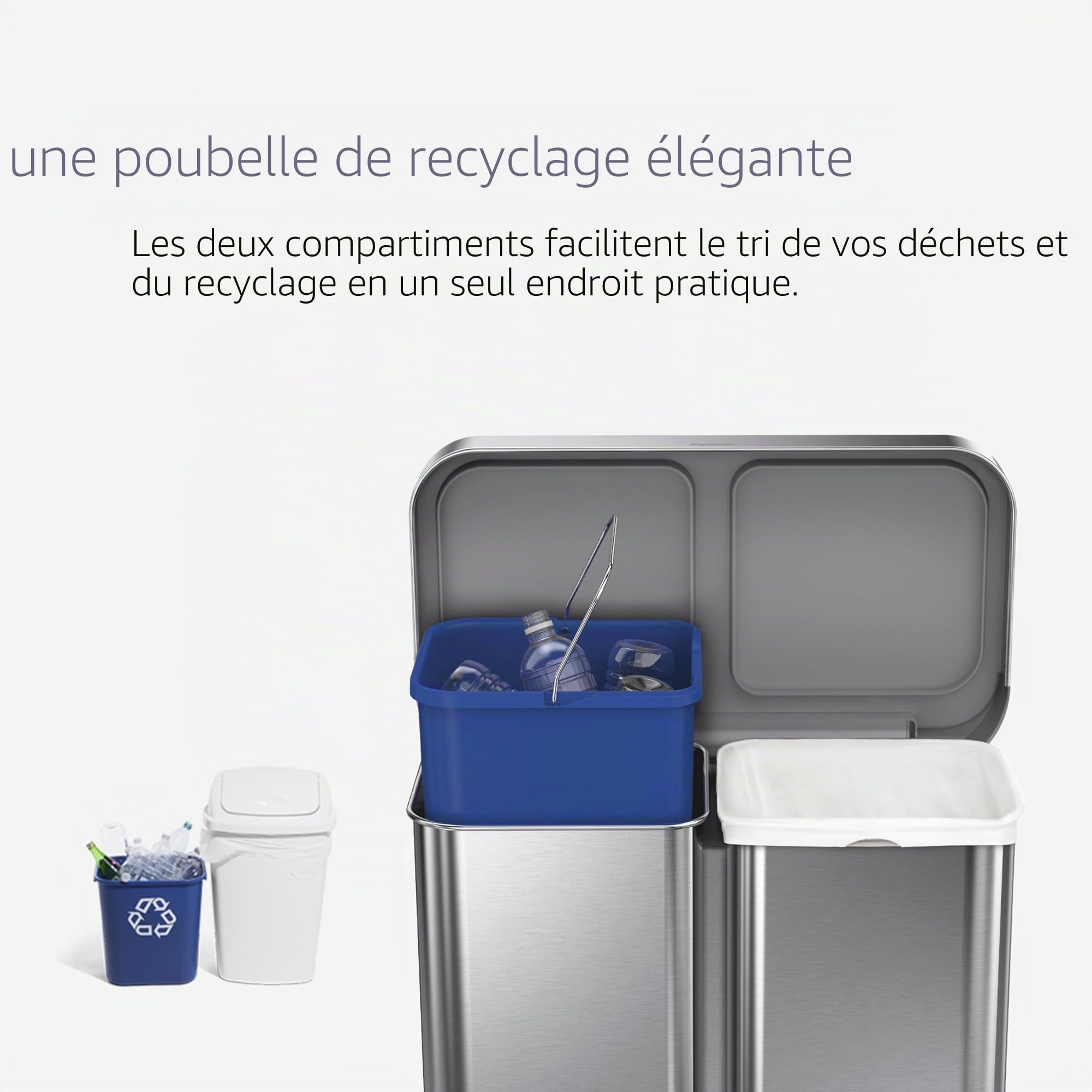 Simplehuman CW2025 poubelle de recyclage rectangulaire acier inoxydable brossé 58 litres 2 bacs