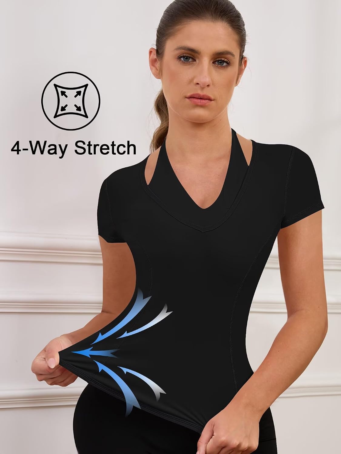 Short Sleeve Workout Tops for Women V Neck Slim Fit BBL Workout Shirts Double Layer Halter Athletic Running Tees