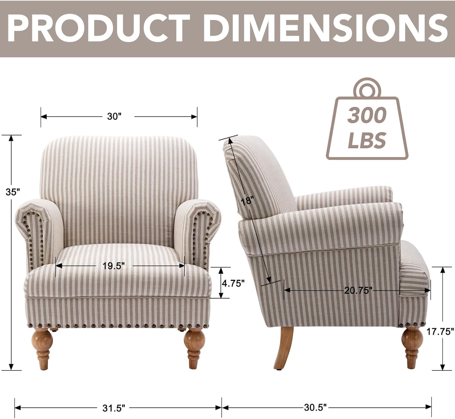 Khaki Striped Linen Fabric Accent Chair, Modern Farmhouse Upholstered Armchair with Nailhead Trim & Ball Turned Wood Legs, Cottage Club Chair for Living Room Bedroom Guest Room