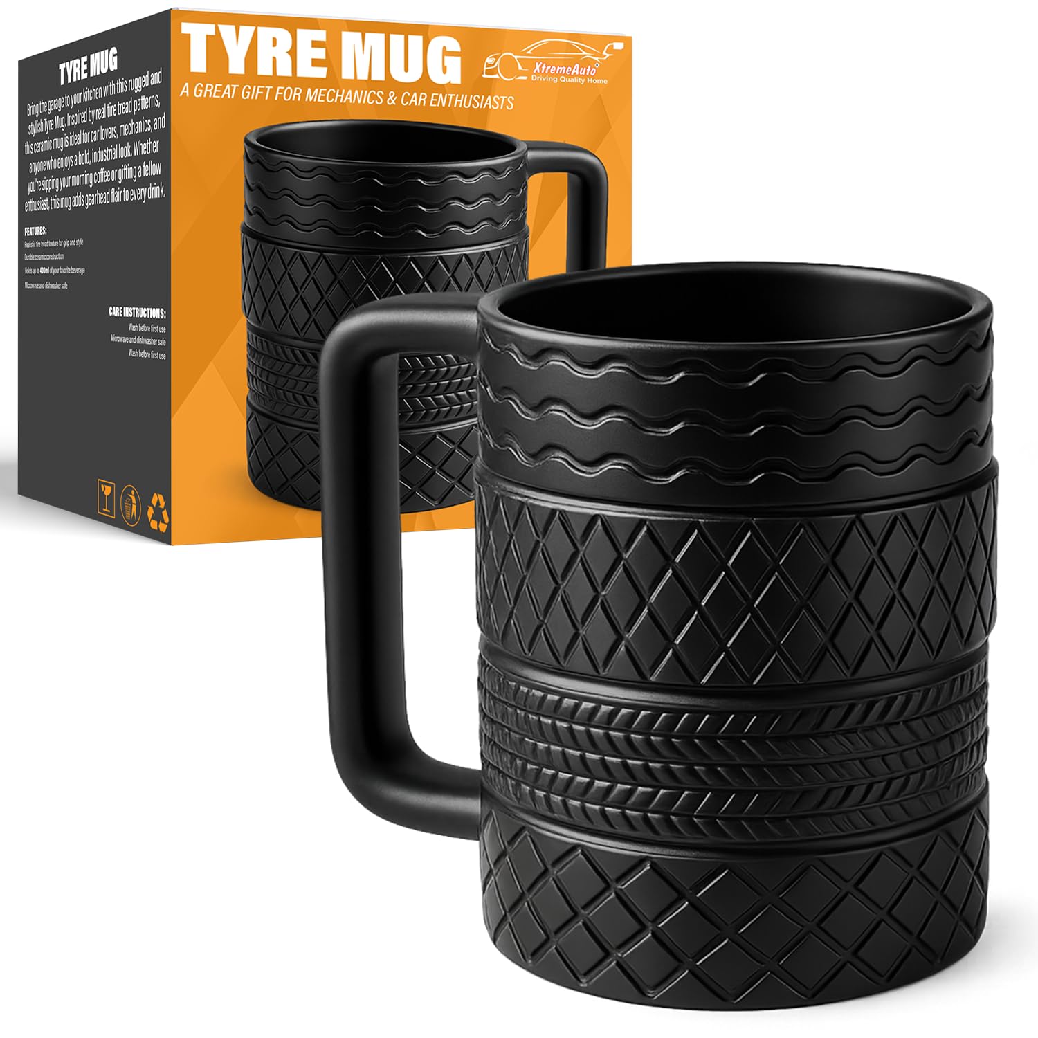 Xtremeauto Tazza con pneumatico per auto, tazza in ceramica per caffè, tè, bevande, regali per auto, per uomini, meccanici, appassionati di sport motoristici, regalo divertente per gli amanti delle