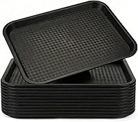 Yarlung 12 Pack Black Plastic Serving Trays 13.7x10.5 Inch - Durable Stackable Restaurant Cafeteria Fast Food Trays for Kitchen Party