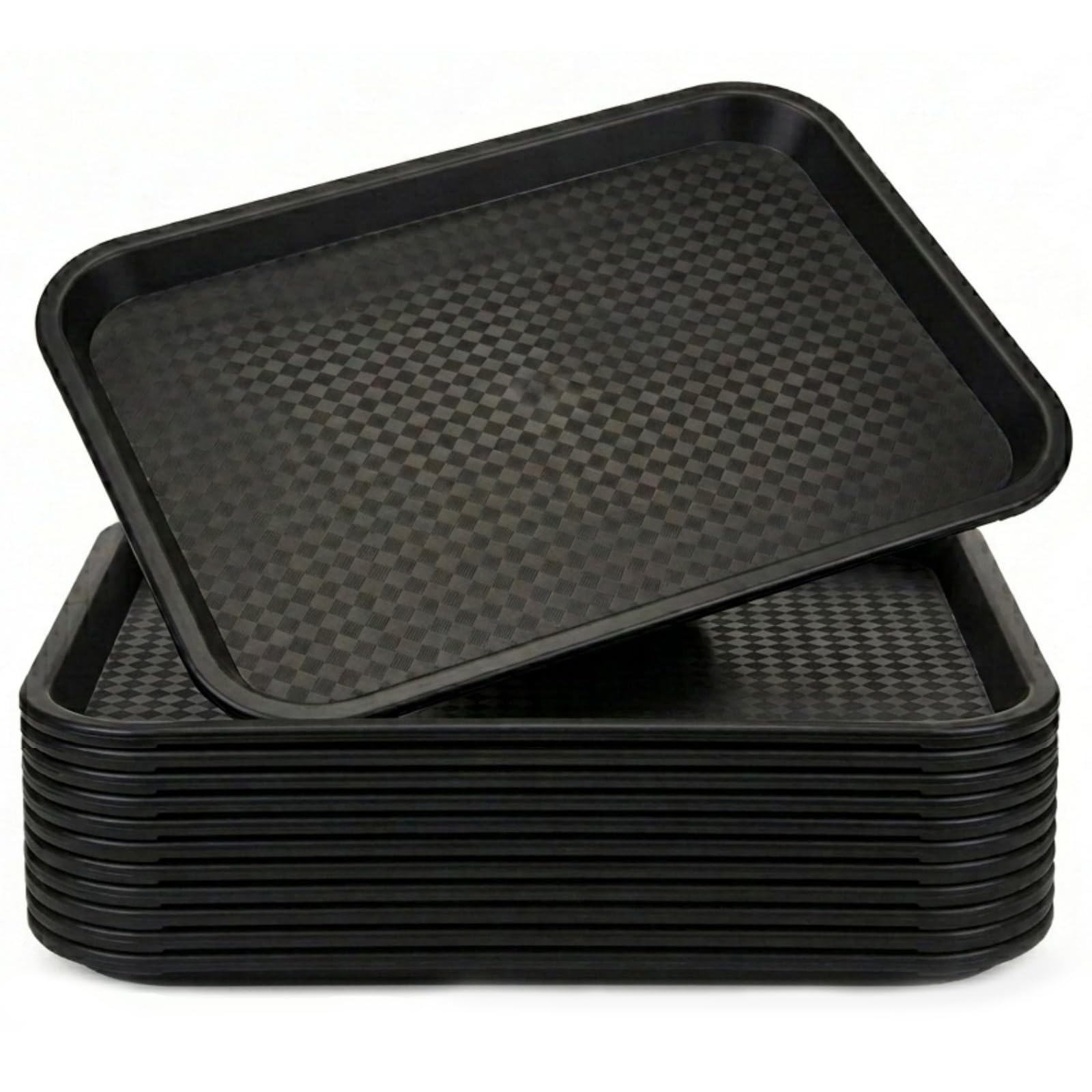 Photo 1 of Yarlung 12 Pack Fast Food Tray, 13.7 x 10.5 Inch Plastic Restaurant Serving Tray Cafeteria Trays for Coffee Table, Kitchen, Party, Black