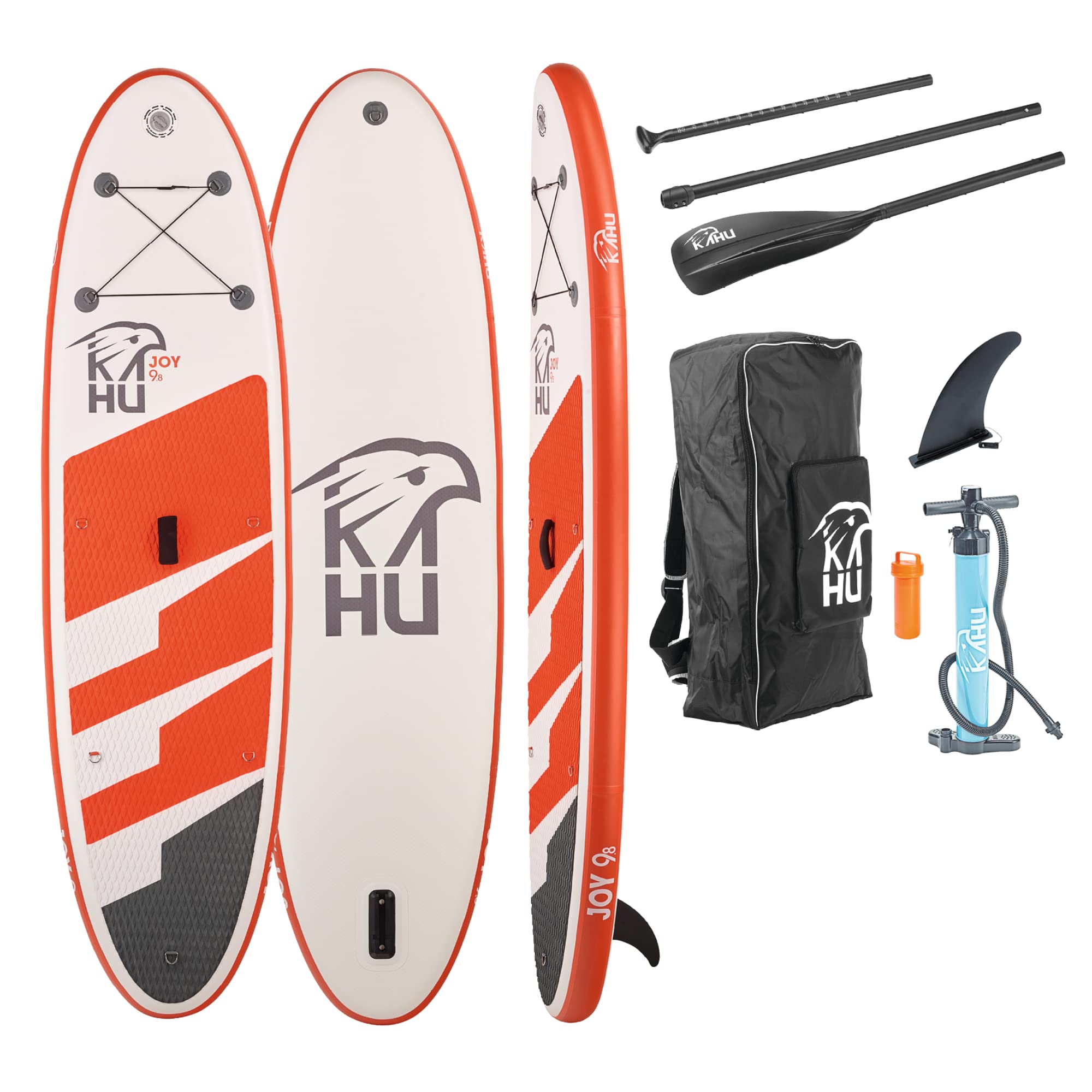 KAHU® Joy 9’8’’ Stand up Paddling Board – aufblasbares iSUP Board komplett Set inkl. Alu-Paddel und Pumpe - Allroundboard für Einsteiger – 15cm Dick – 120kg Traglast – Kajak Sitz als Zubehör – Orange
