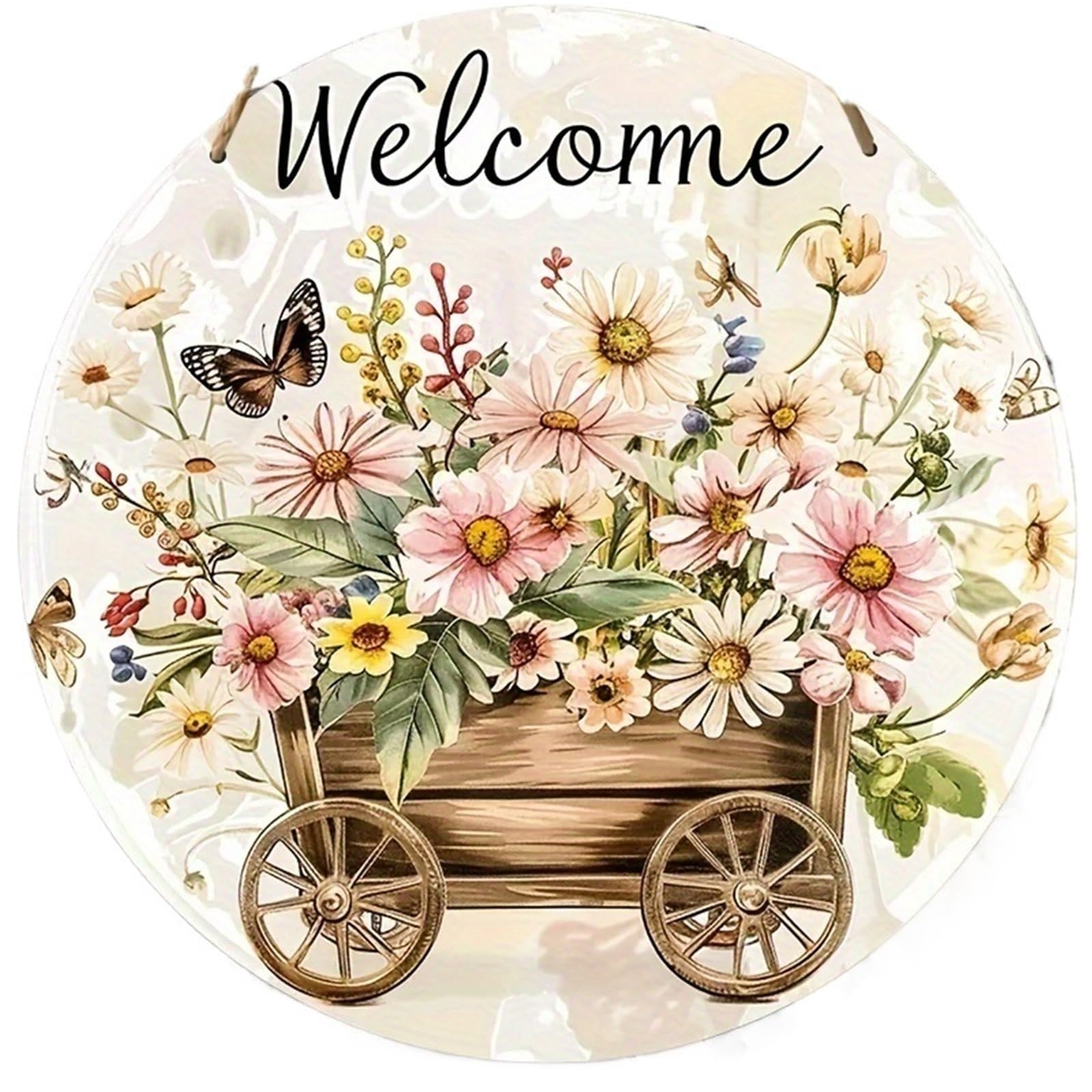 Wooden Welcome Sign 2D Flat, 1pc, Art Retro Wooden Welcome Sign, Round Wood Wall Hanging, Rustic Style Wreath Design for home(20x20)
