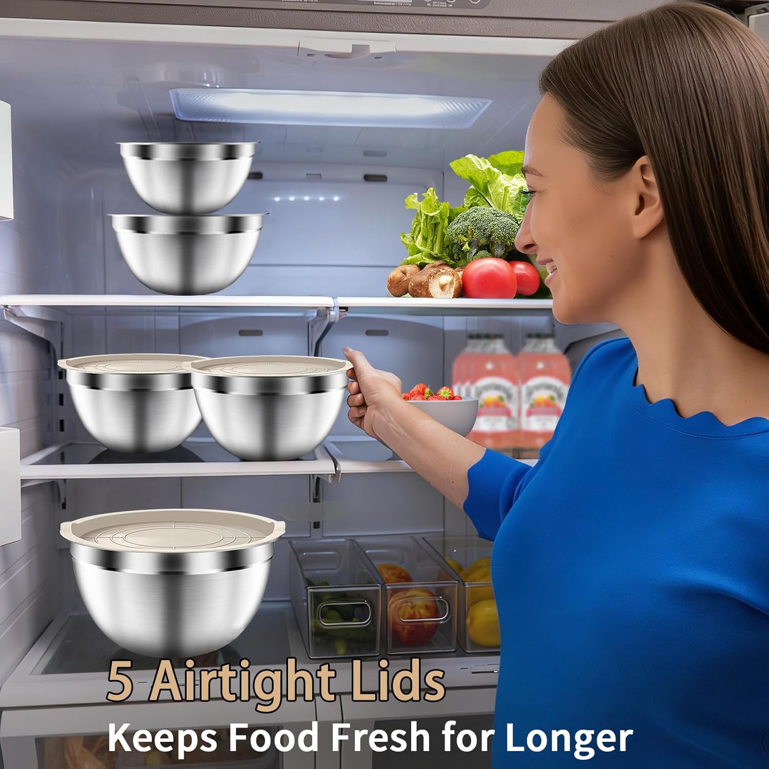 Mixing Bowls with Airtight Lids Set, 5 PCS Stainless Steel Khaki Nesting Bowls for Kitchen, Large Prep Metal Mixing Bowls for Kitchen, 5.5/4/3.5/2/1.5 QT for Mixing & Serving