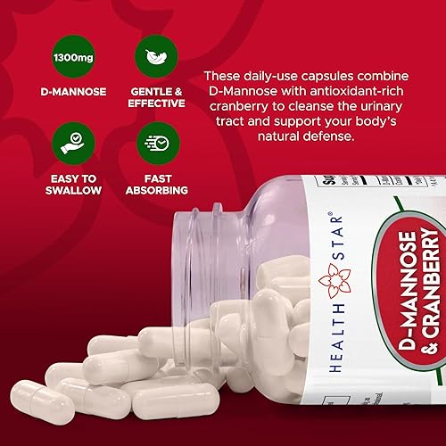 Miniatura 3 de Health Star Suplemento dietético D-manosa y arándano, 1300 mg  Limpieza UTI y apoyo de la vejiga para mujeres y hombres  Fórmula vegana, sin OMG