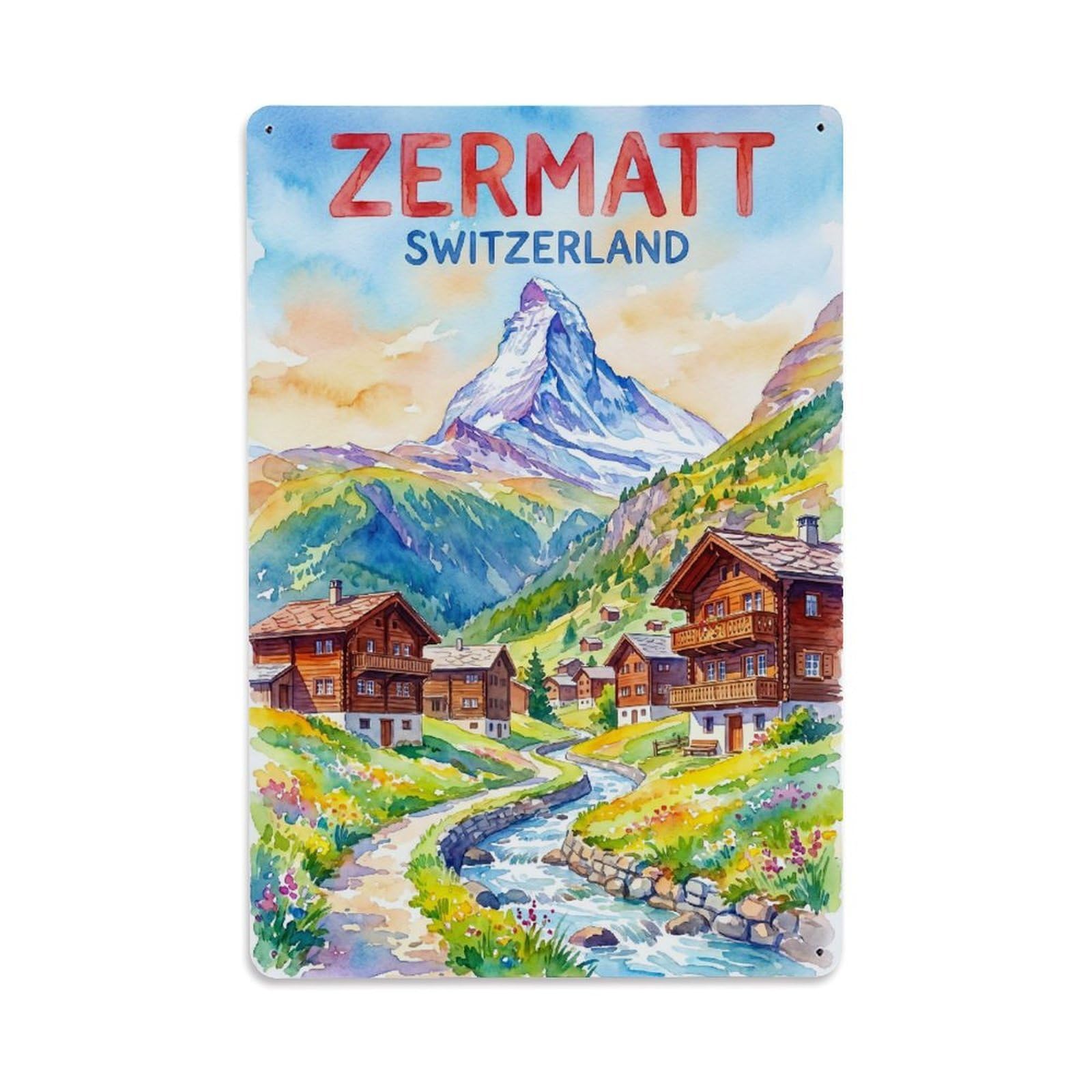 Olhnbad Style Graphic Zermatt Switzerland Alpine Travel Metal Tin Sign