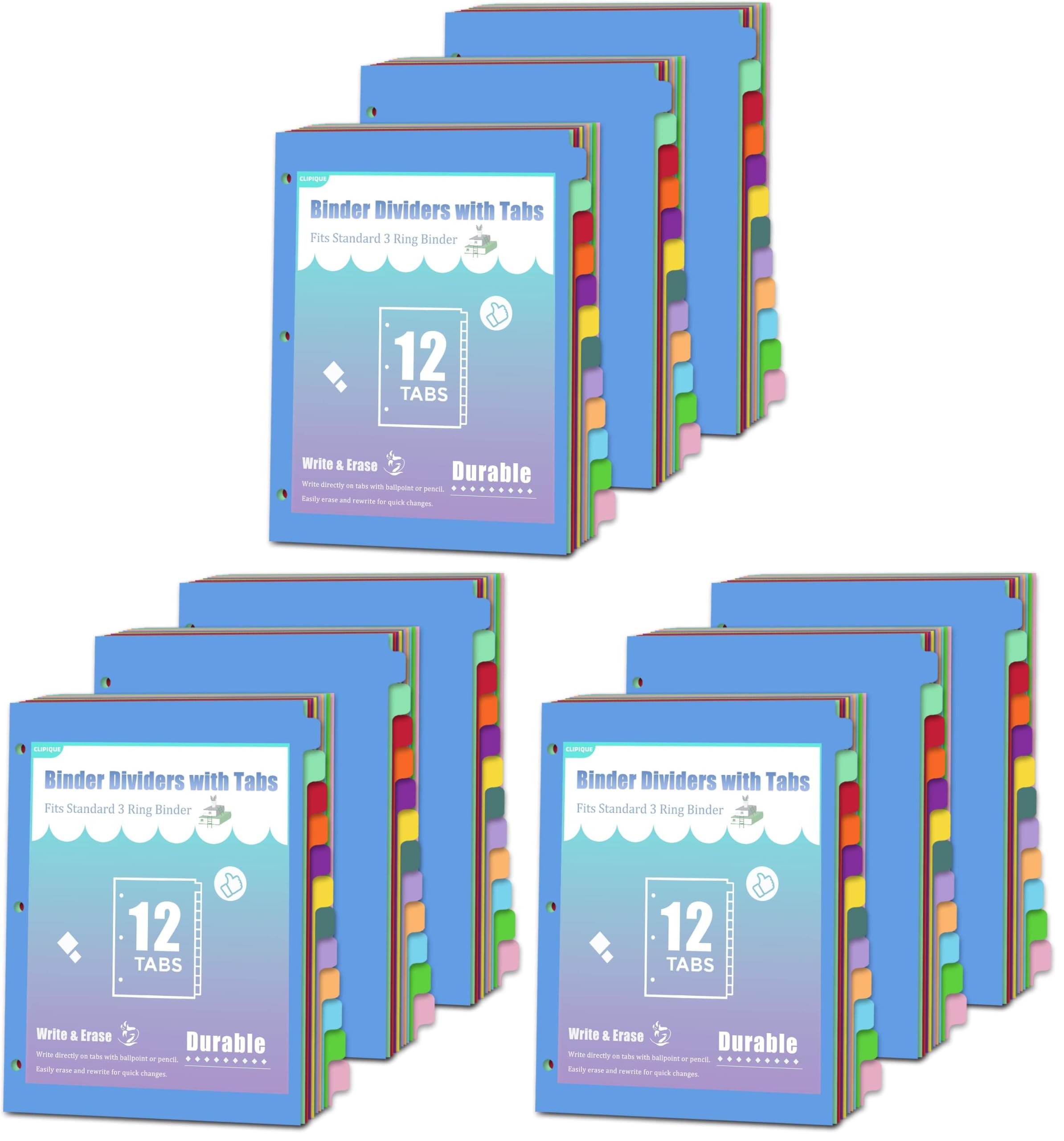 12-Tab Binder dividers with tabs for 3 Ring Binder, Write &amp; Erase, Dividers for 8.5 x 11'' Letter Size Papers, Assorted Color, 3 Set, Ideal for Student, Teacher (Pack of 3)