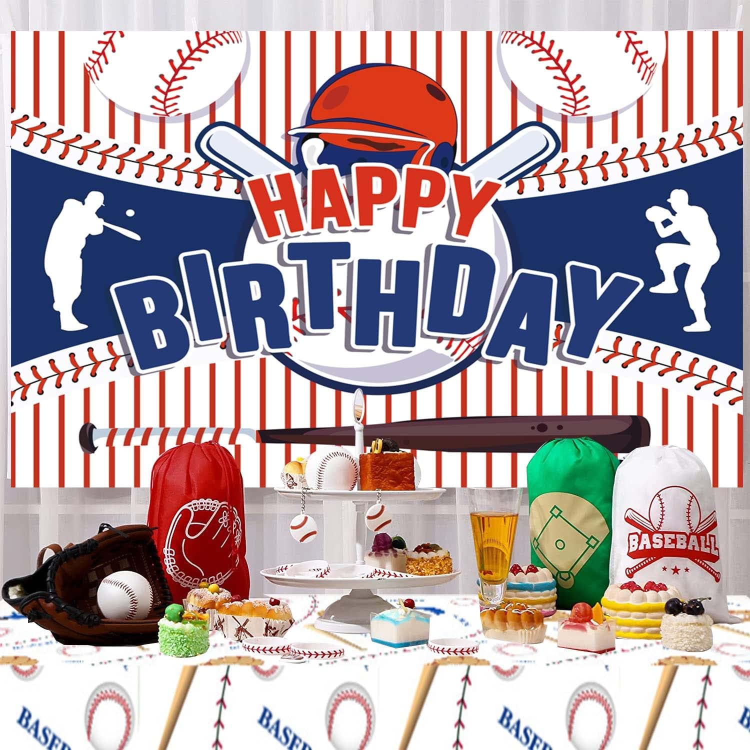 XCKALI Baseball Backdrop Tablecloth Set Baseball Theme Boys Children Teenagers Happy Birthday Party Sports Style Background Photo Booth Props 2PCS