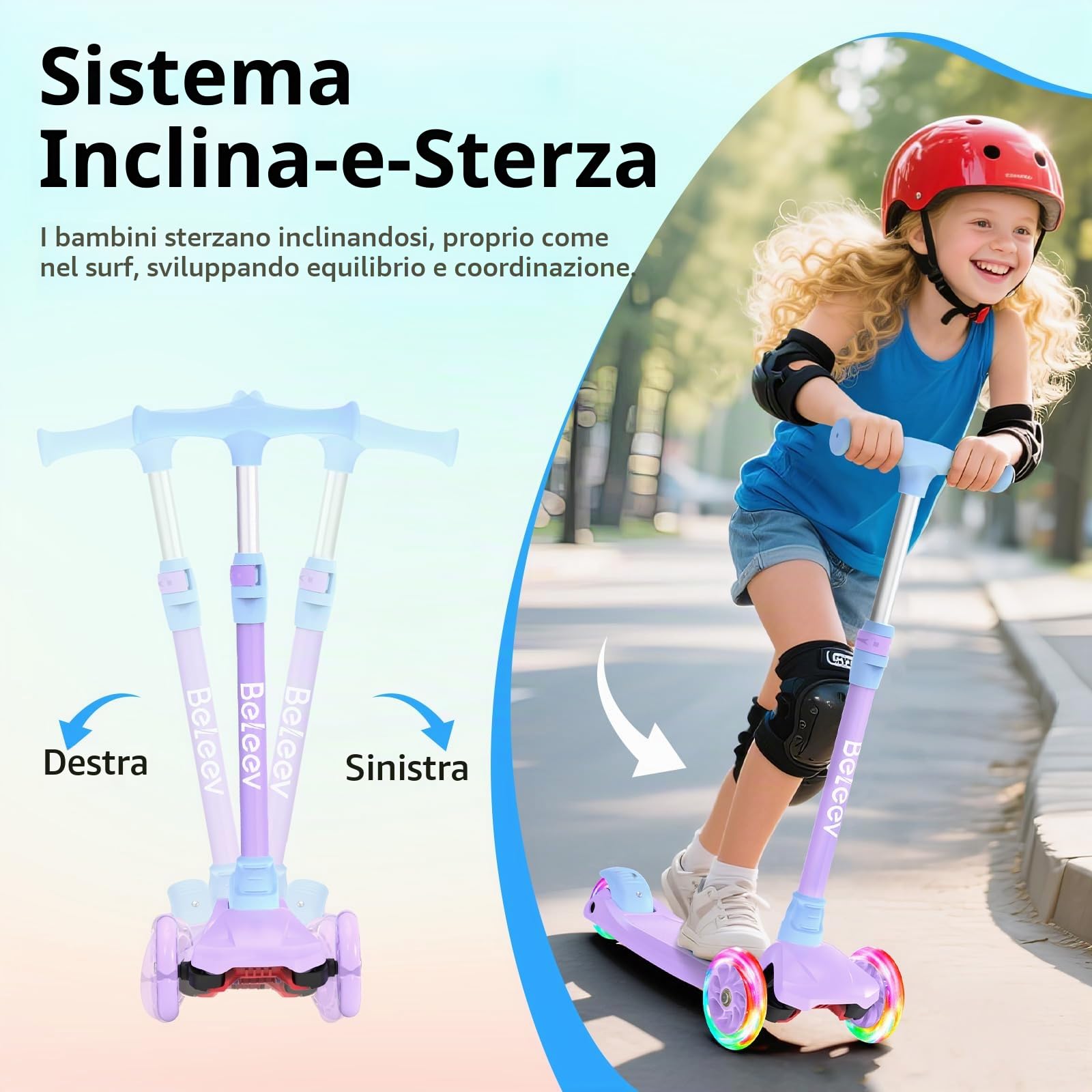 BELEEV A3 Monopattino Bambina con Ruota Illuminata LED, Altezza Regolabile | Pedana Antiscivolo e Extra Larga,Leggero con Telaio Robusto per Monopattino 3 Ruote Bambina Bambini e Bambine 3-12 Anni