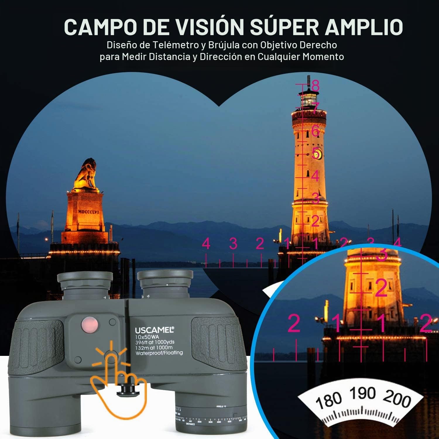 USCAMEL 10X50 Marinos Binoculares para Adultos con Telémetro Brújula, Binoculares Marinos para Adultos Vela Náutica