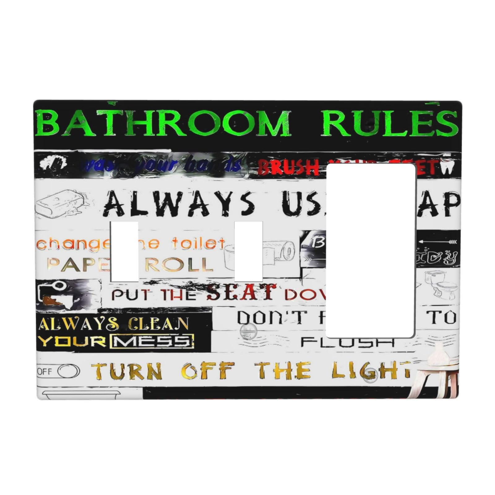 Funny Home Bathroom Toilet Rule 3 Gang 2 Toggle 1 Decorator/GFCI Combination Light Switch Cover Decorative Triple Combo Switch Face Wall Plate Room Decor