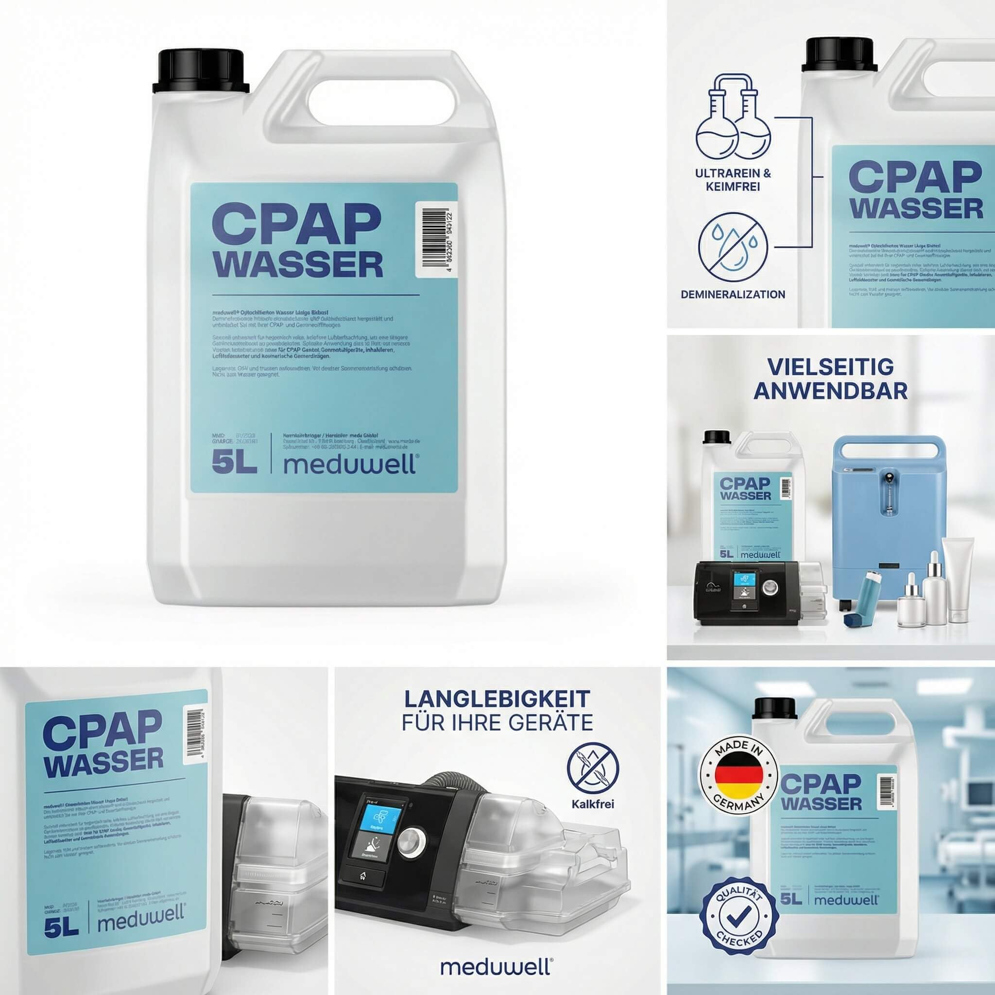 CPAP Wasser, Bidestilliertes Wasser für Atemtherapie, Sauerstoffgeräte, Inhalatoren, Luftbefeuchter, Kosmetische Anwendungen, 5 Liter Kanister (1x 5 Liter Kanister)